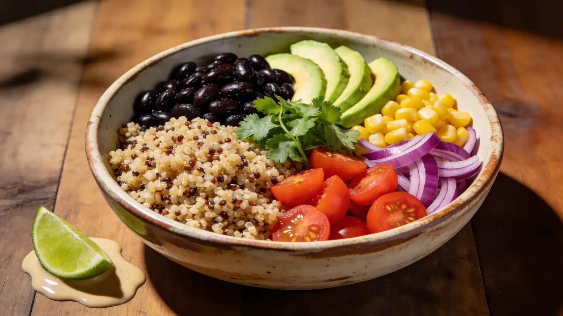 colorful black bean and quinoa bowl with avocado and veggies ideal for high protein snacks weight loss