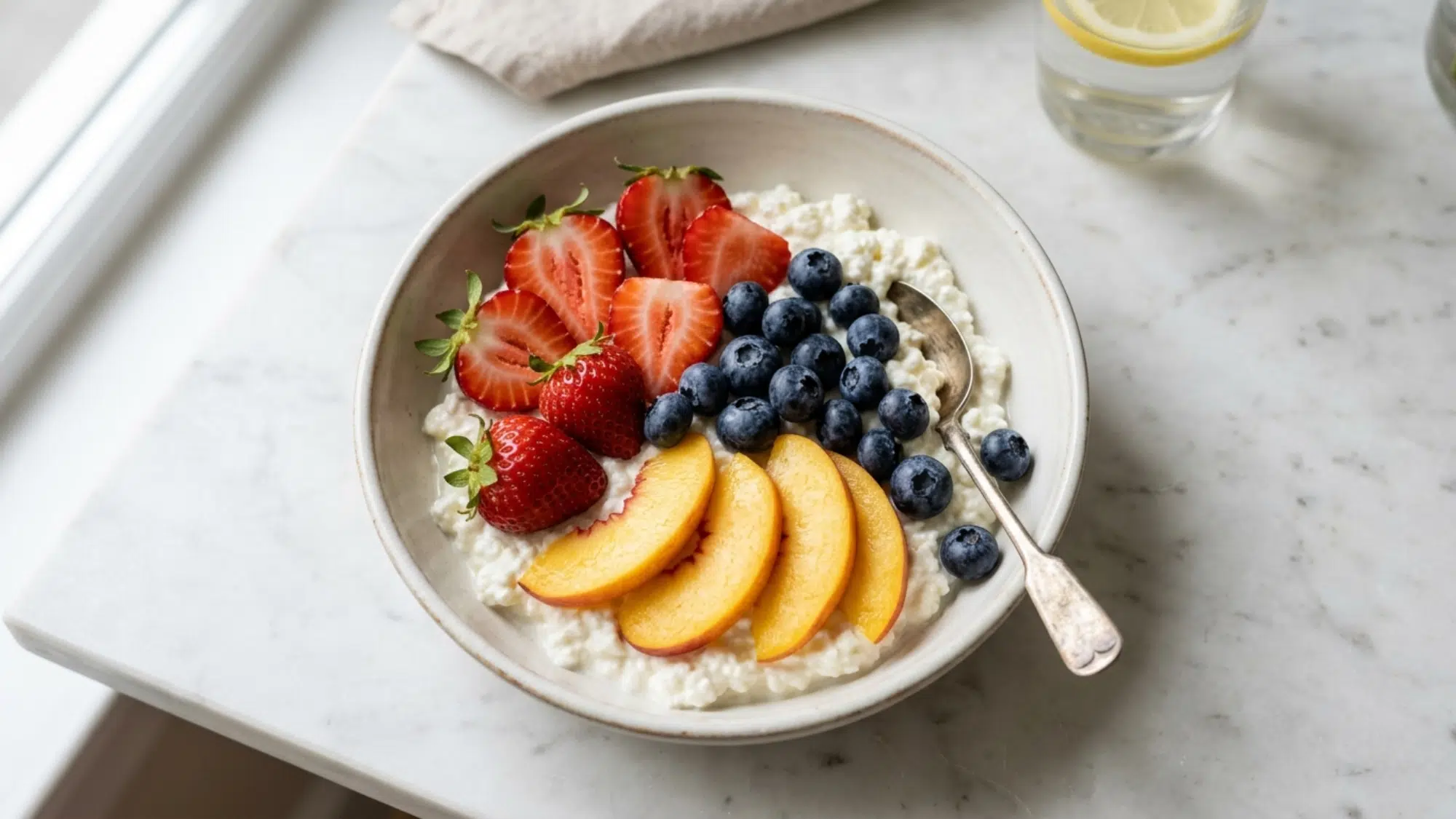 cottage cheese with fresh fruits in a bowl great for high protein snacks weight loss and healthy meals