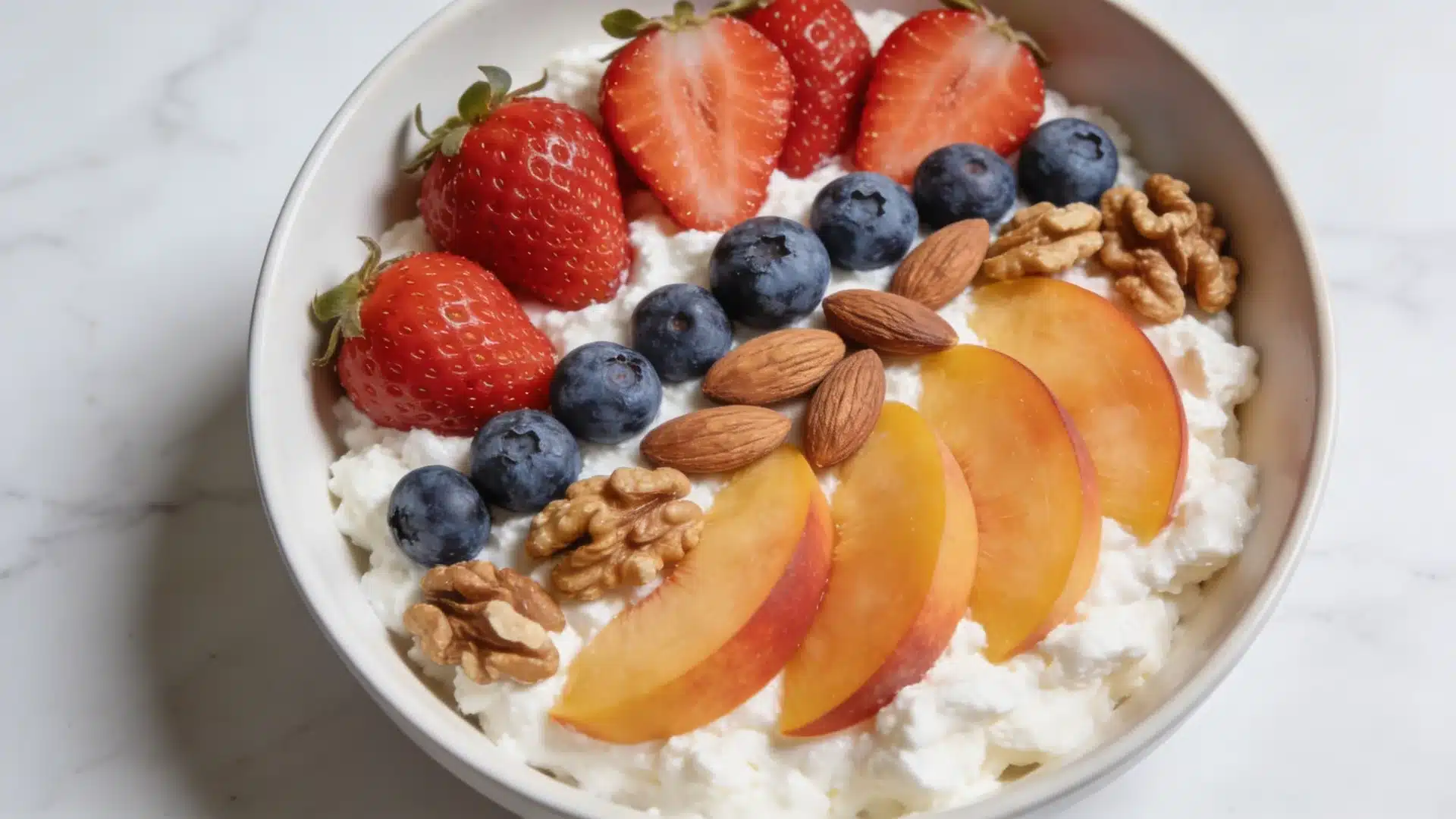 cottage cheese with fruits and nuts in a bowl perfect for high protein snacks weight loss and healthy eating