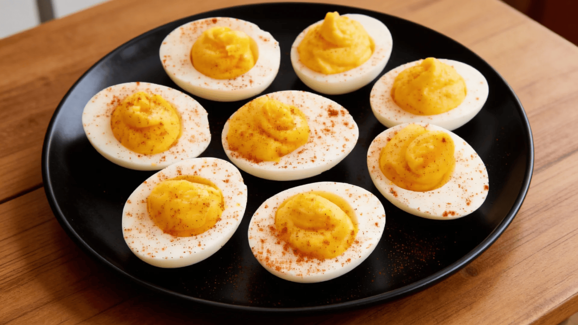 deviled eggs on a black plate with paprika