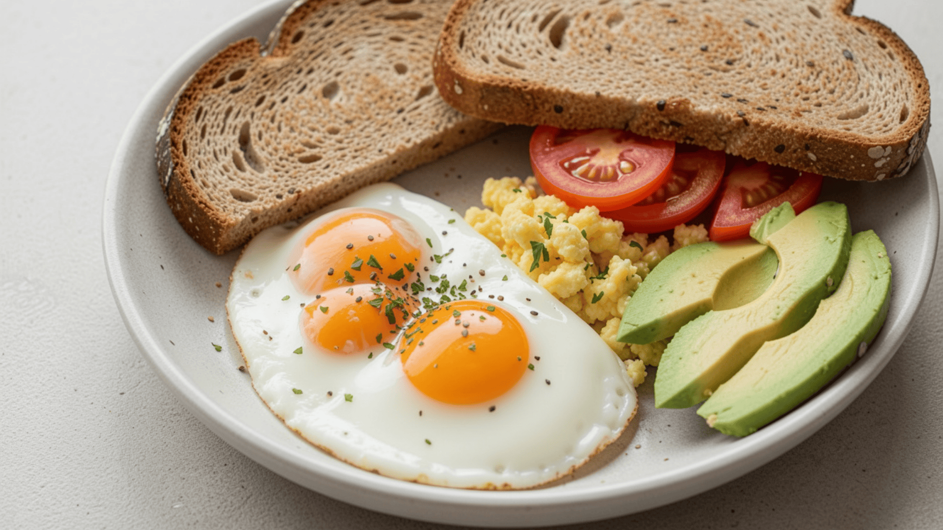 fried eggs with toast avocado tomato and scramble on plate as post workout meal