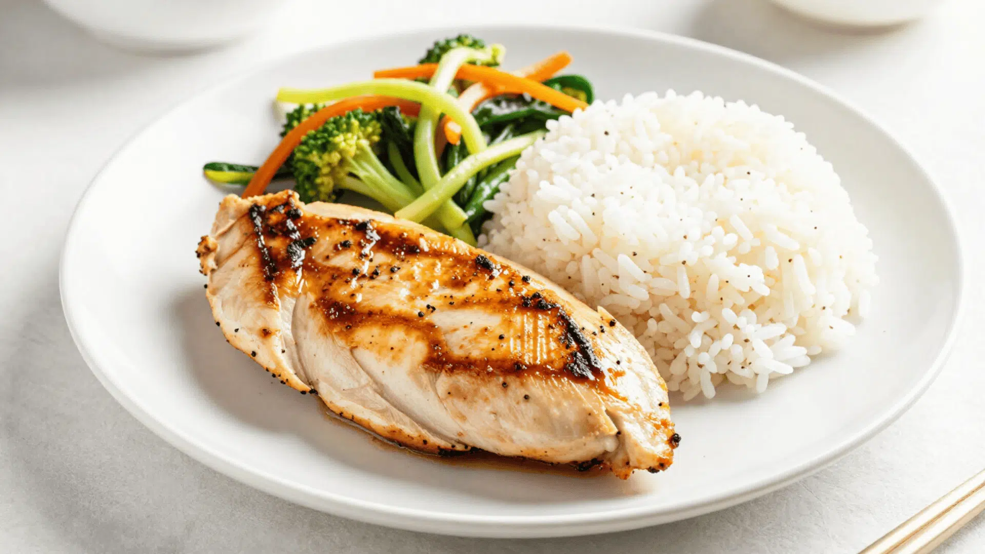 grilled chicken breast with rice and steamed vegetables on plate as post workout meal