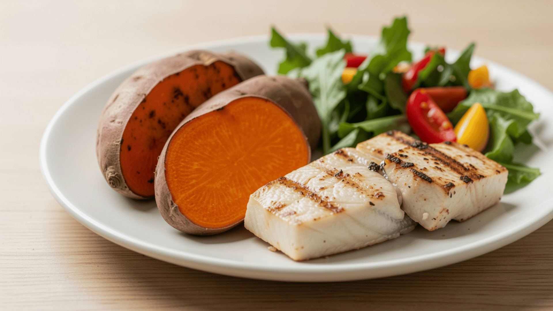 grilled fish with sweet potato and salad on plate as nutritious post workout meal