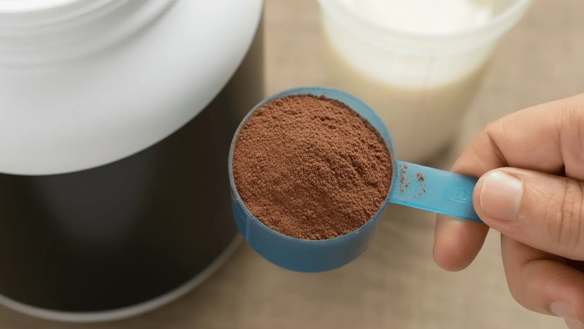 hand holding scoop of protein powder near shaker and milk