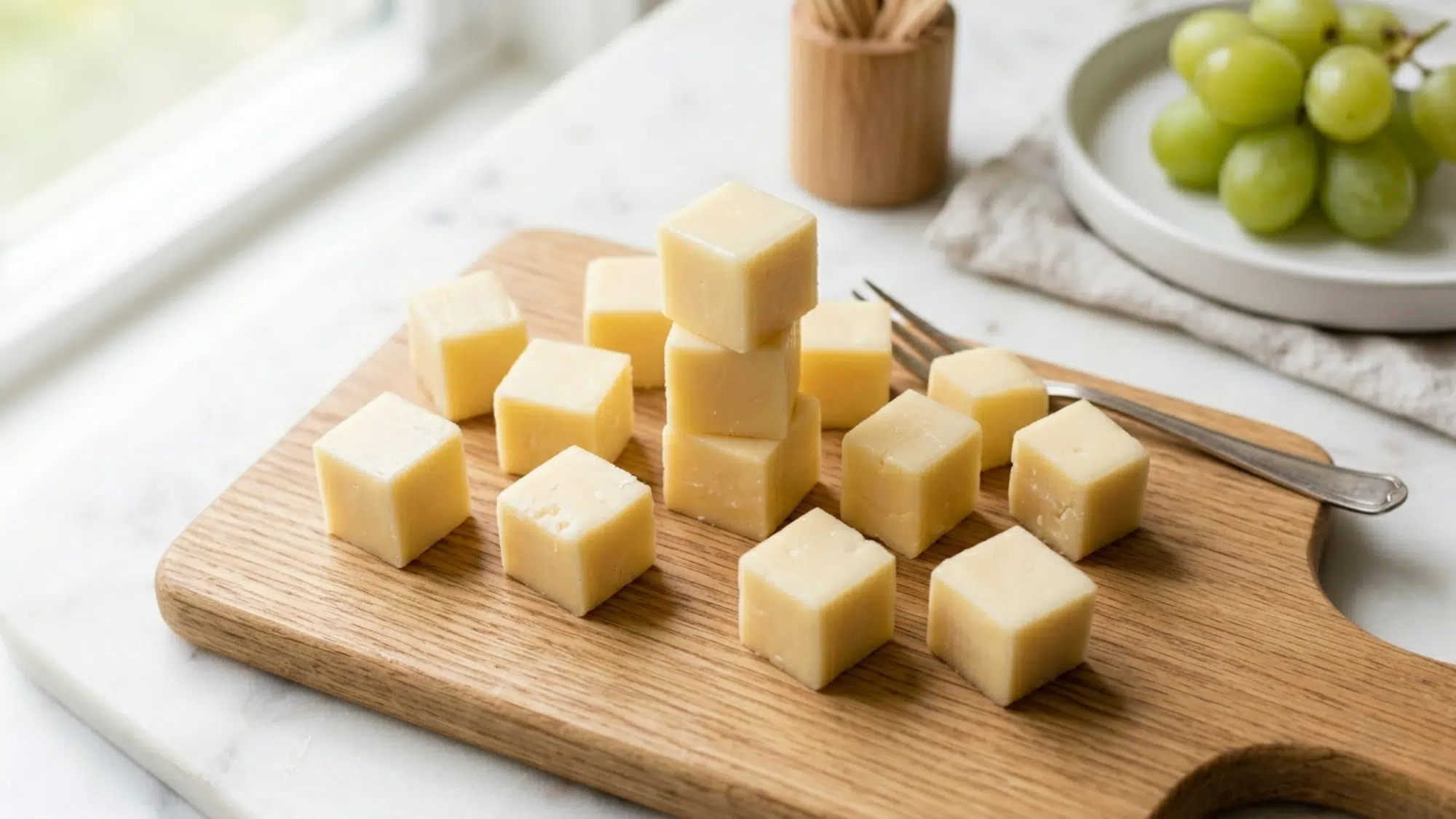 hard cheese cubes on a wooden board perfect for high protein snacks weight loss and quick healthy bites