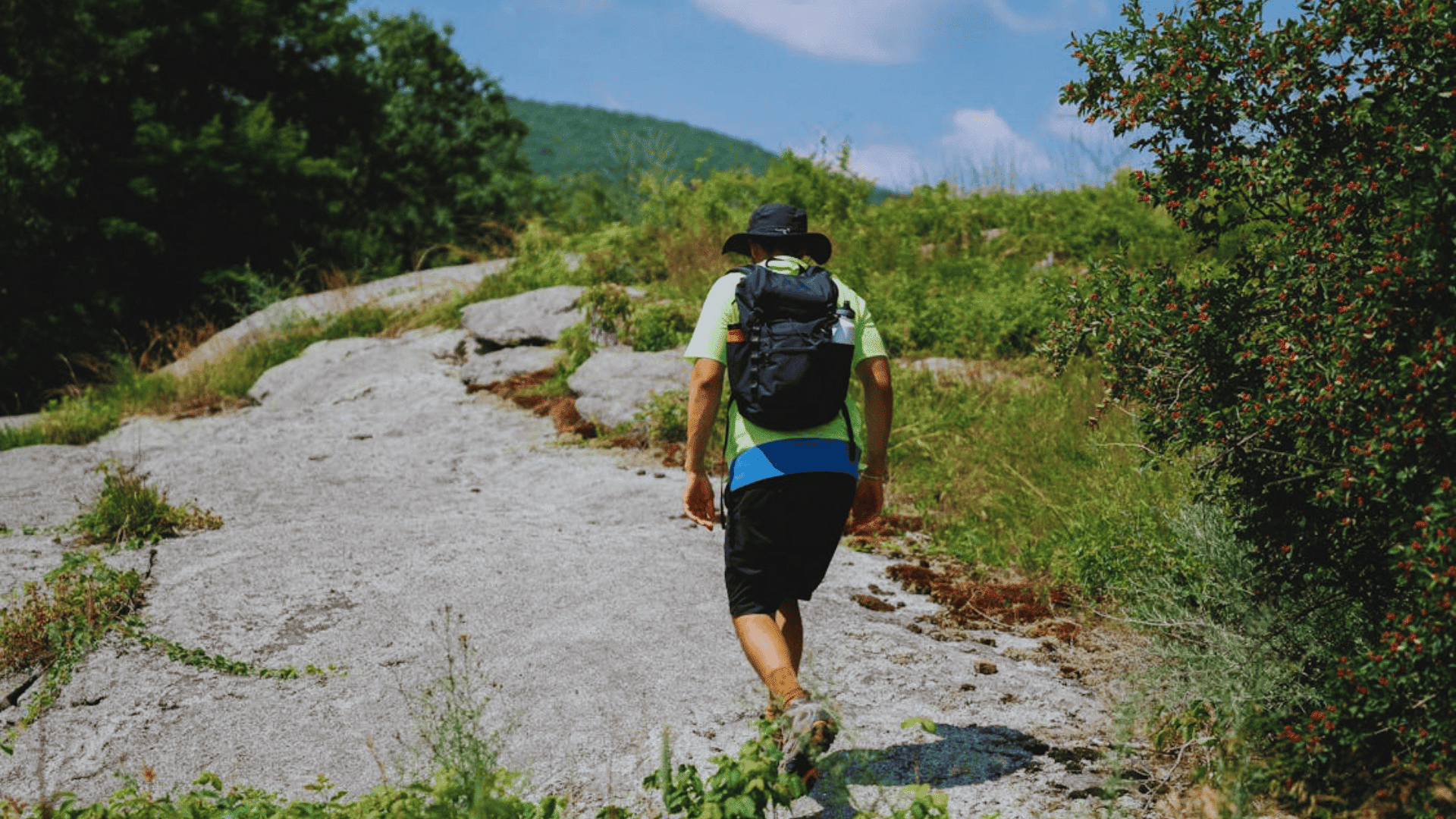 hiker walking uphill on a rocky trail with trees and greenery
