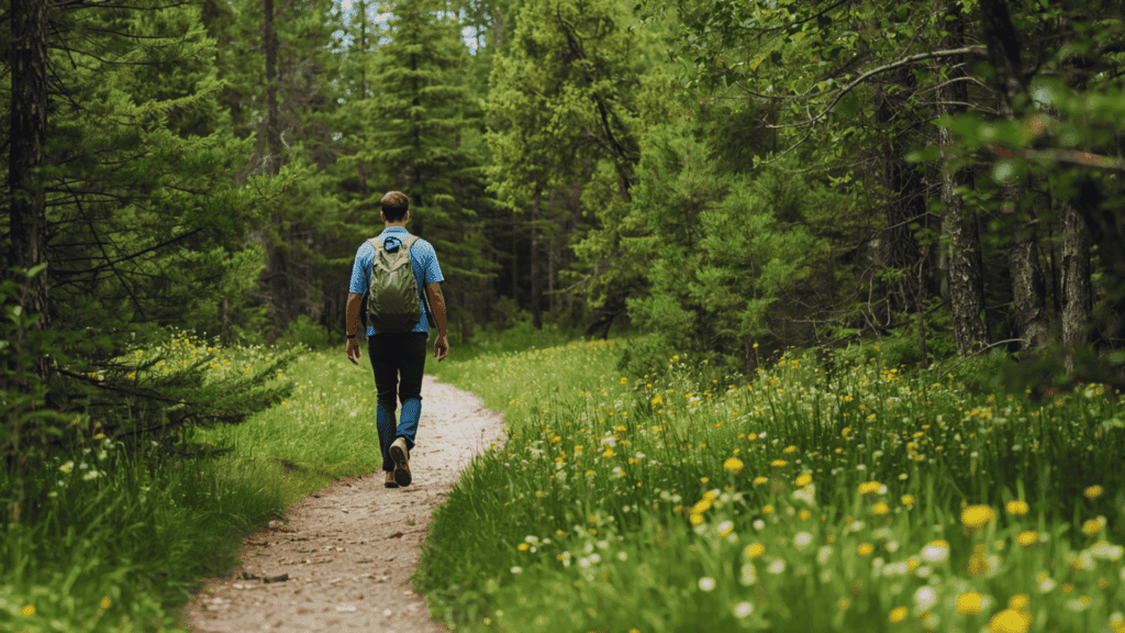 hiking for beginners on a quiet trail with trees and yellow flowers