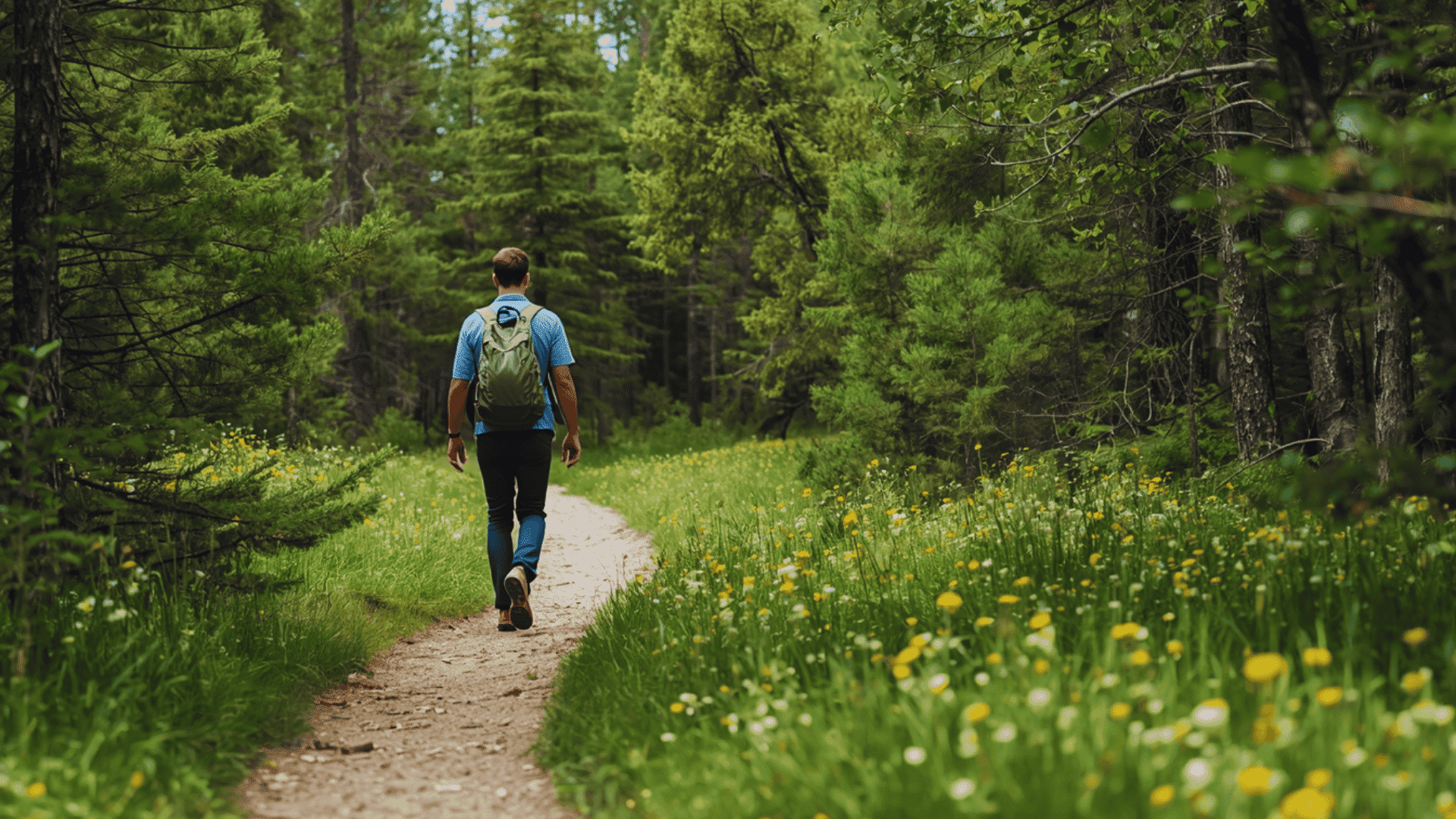 hiking for beginners on a quiet trail with trees and yellow flowers