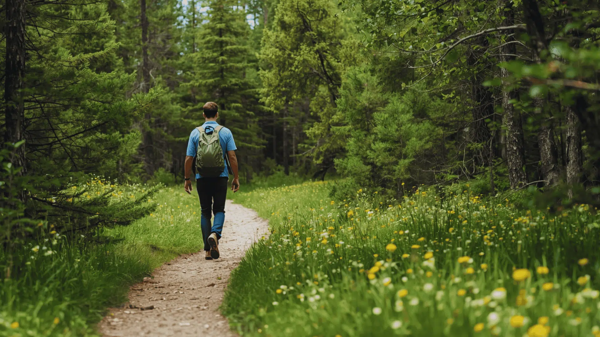 hiking for beginners on a quiet trail with trees and yellow flowers
