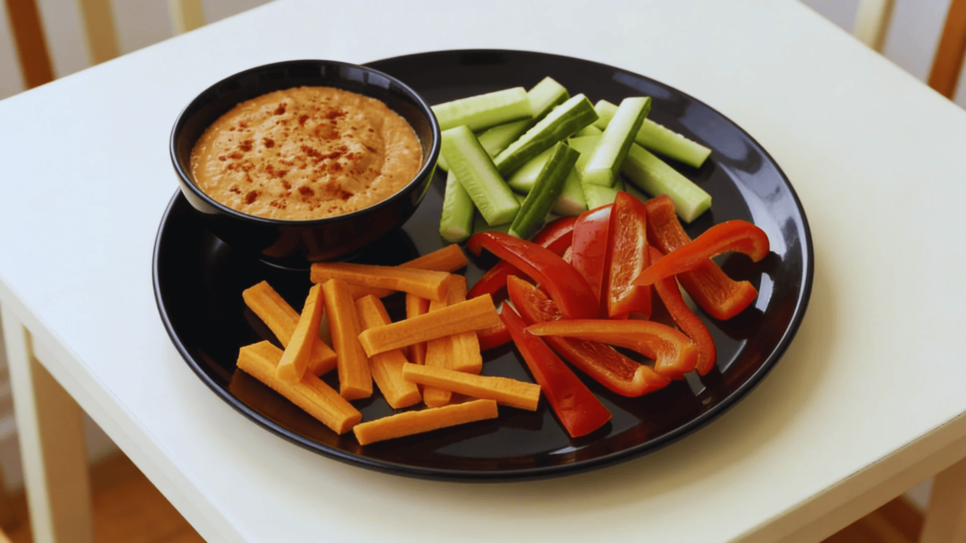hummus vegetable sticks with dip on a black plate