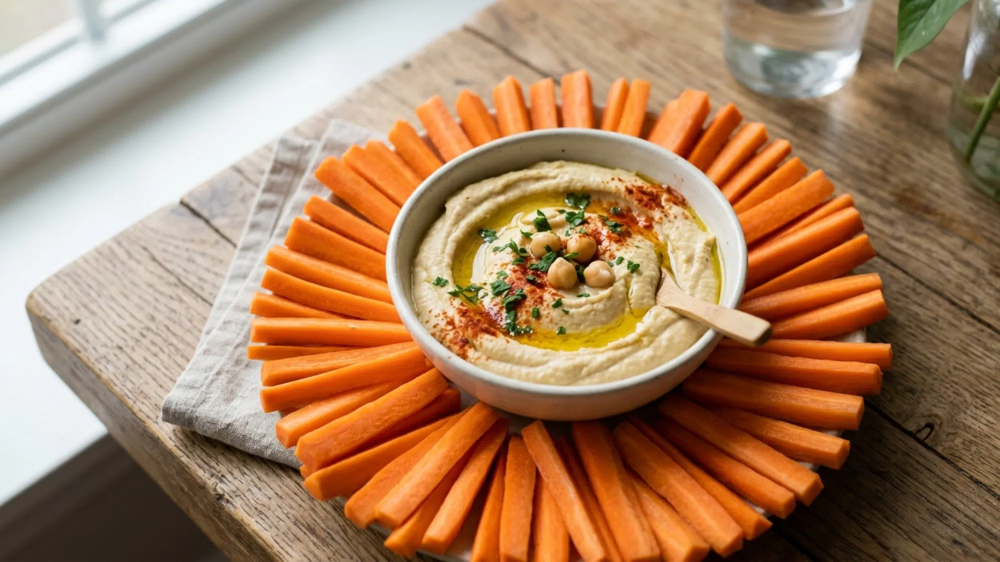 hummus with carrot sticks arranged around a bowl great for high protein snacks weight loss and clean eating