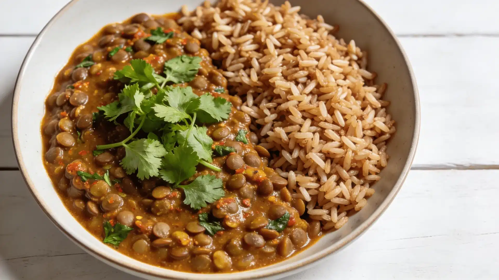 lentil curry with brown rice in a bowl perfect for high protein snacks weight loss and healthy meals