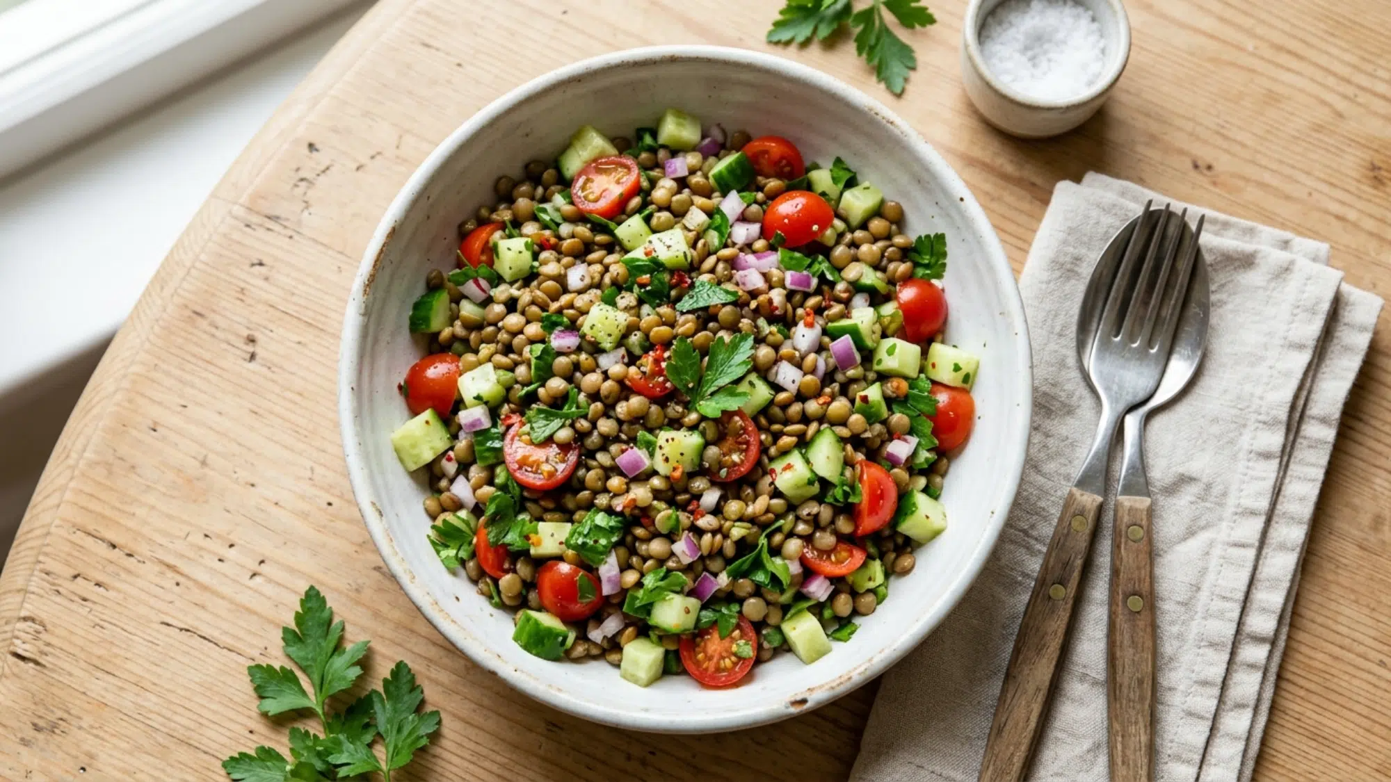 lentil salad with fresh veggies in a bowl perfect for high protein snacks weight loss and healthy meals