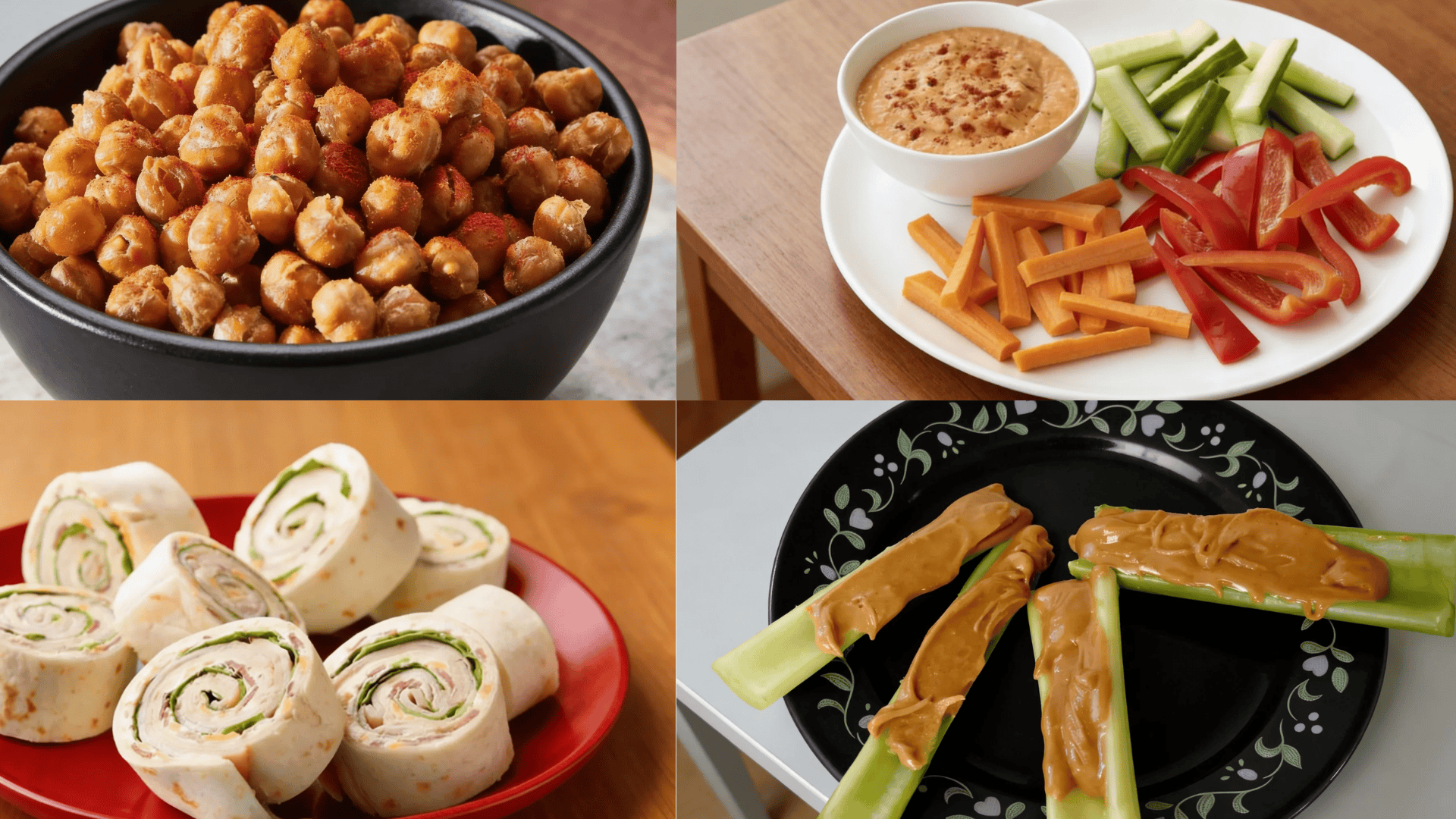 low calorie high protein snacks like chickpeas veggies dip wraps and celery with peanut butter