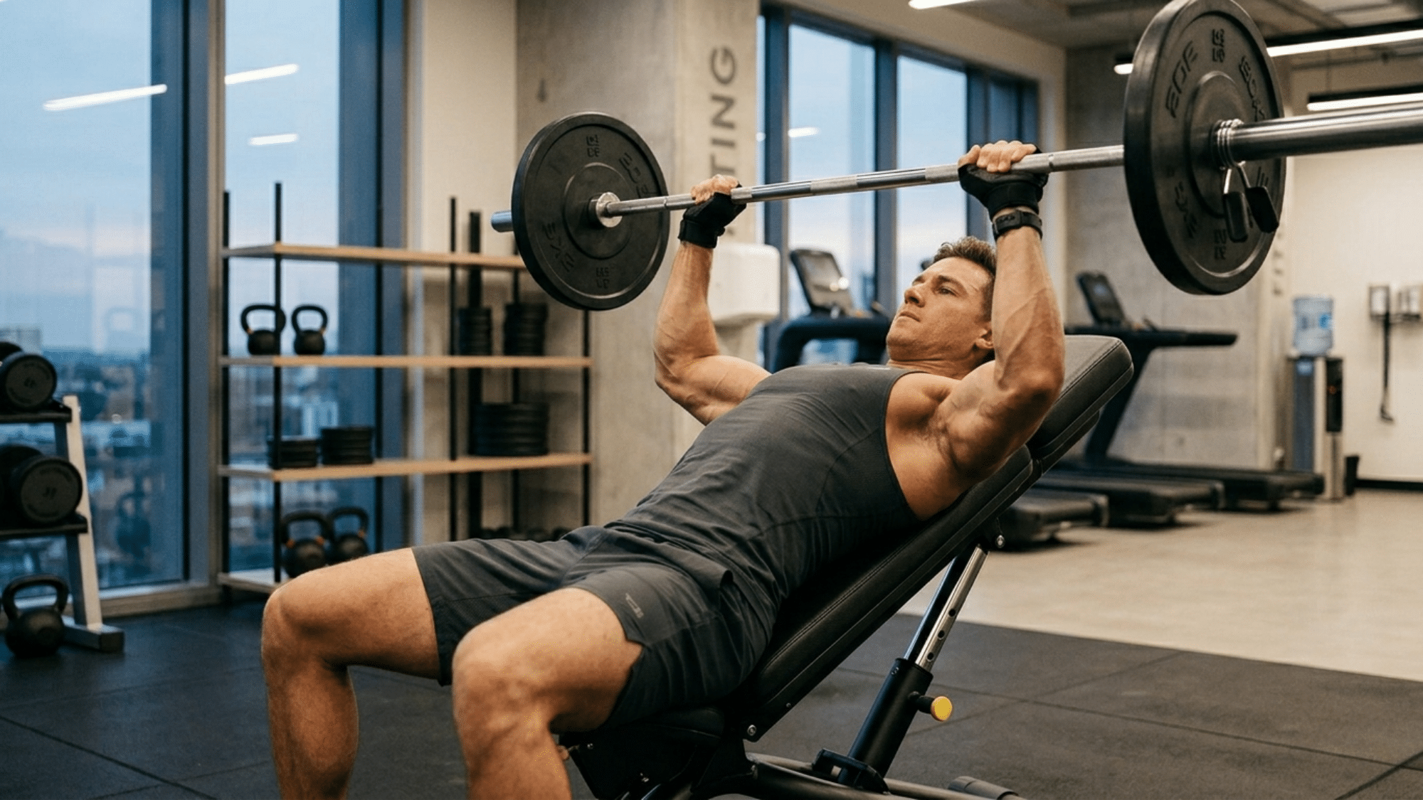 man performing incline barbell press demonstrating what does incline bench work for upper chest and shoulders