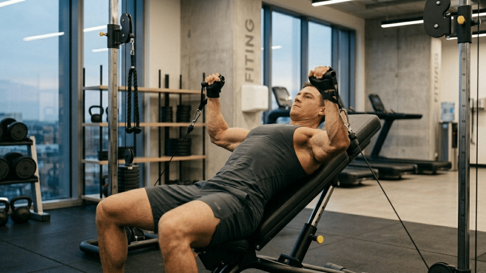 man performing incline cable press showing what does incline bench work for upper chest shoulders and arms