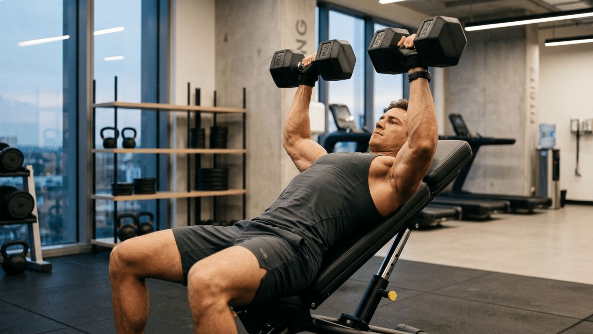 man performing incline dumbbell bench press showing what does incline bench work for upper chest muscles