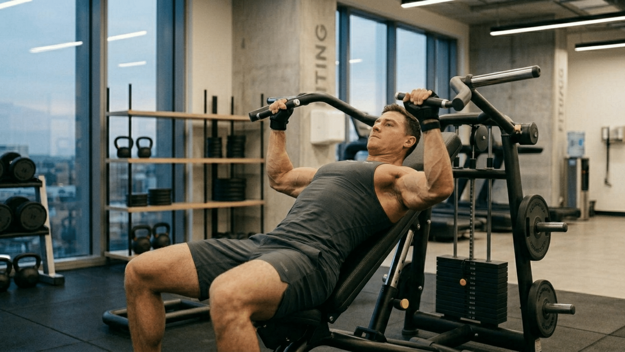 man performing incline machine press showing what does incline bench work for upper chest shoulders and triceps