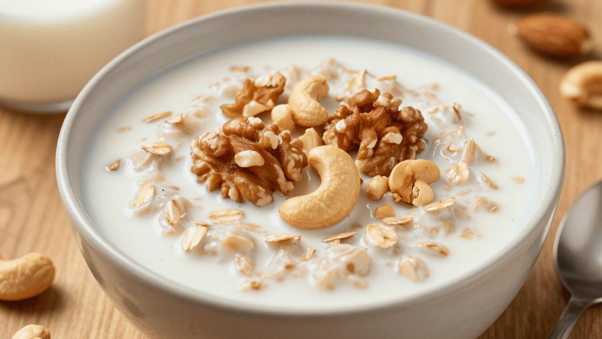 oatmeal with milk topped with nuts and grains in bowl as healthy post workout meal