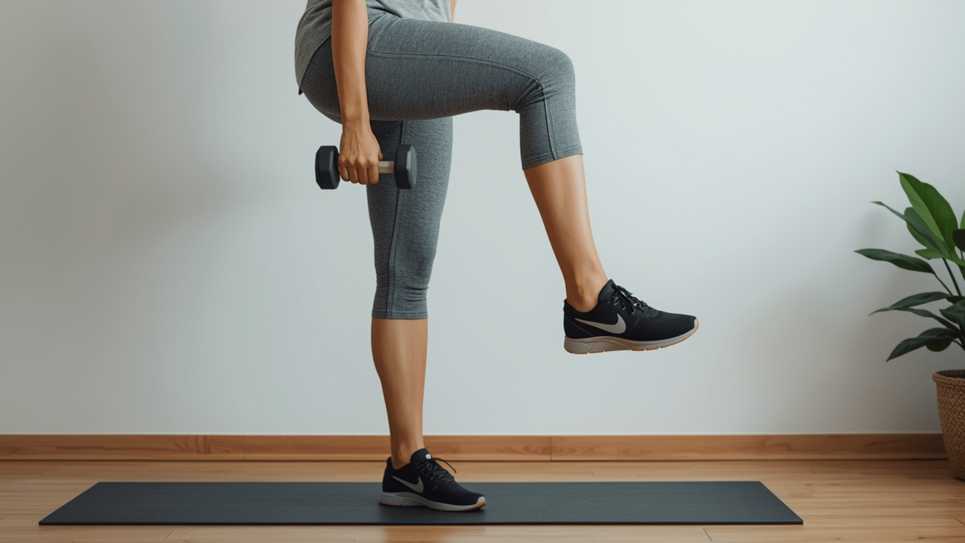person balancing on one leg holding dumbbell while lifting other leg performing single leg calf raise indoors
