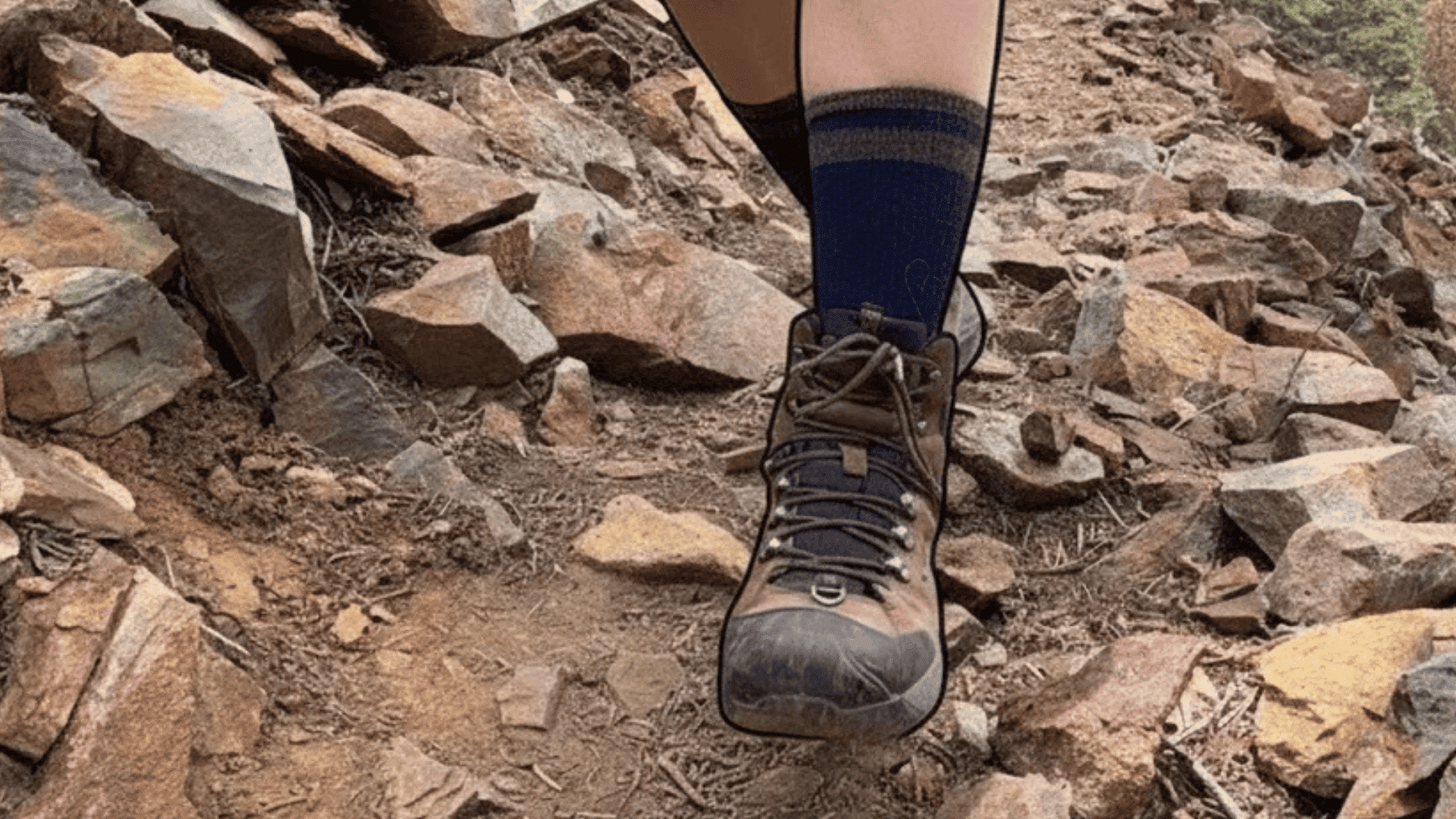 person hiking on rocky mountain trail wearing brown boots and dark socks with trees and distant mountains in background