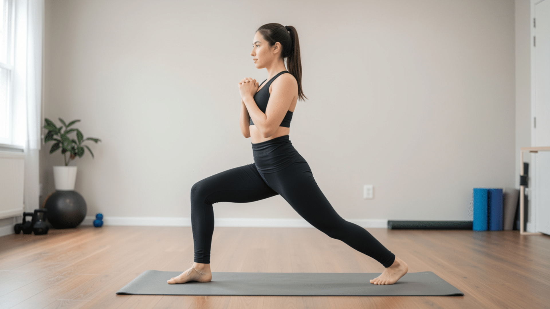 person in split stance raising back heel while keeping front knee bent performing split stance calf press exercise