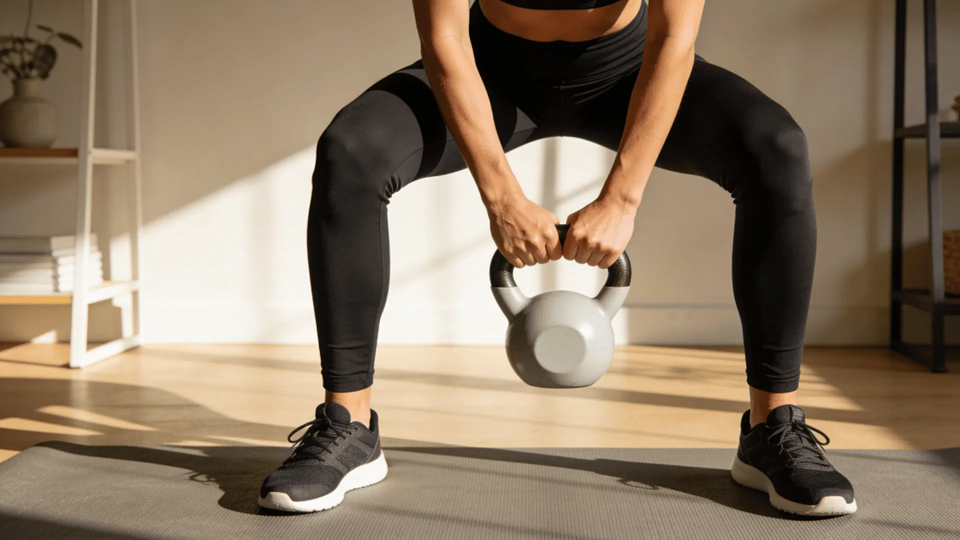 person performing side lunge exercise in gym wearing black workout clothes with dumbbells and mat on floor