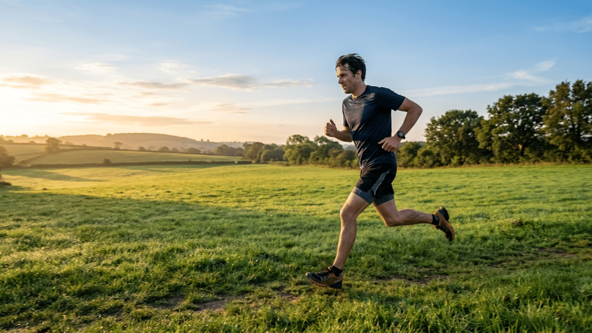 person running across a grassy field at sunrise demonstrating how to improve running speed with proper form