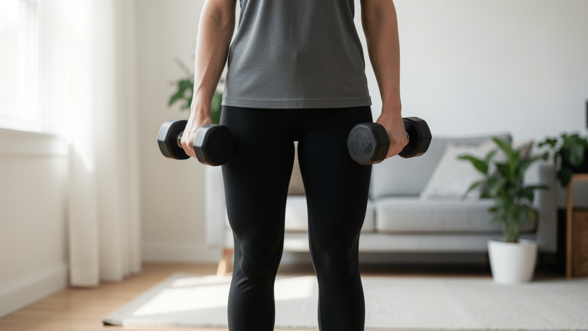 person standing holding dumbbells at sides performing standing calf raise exercise at home