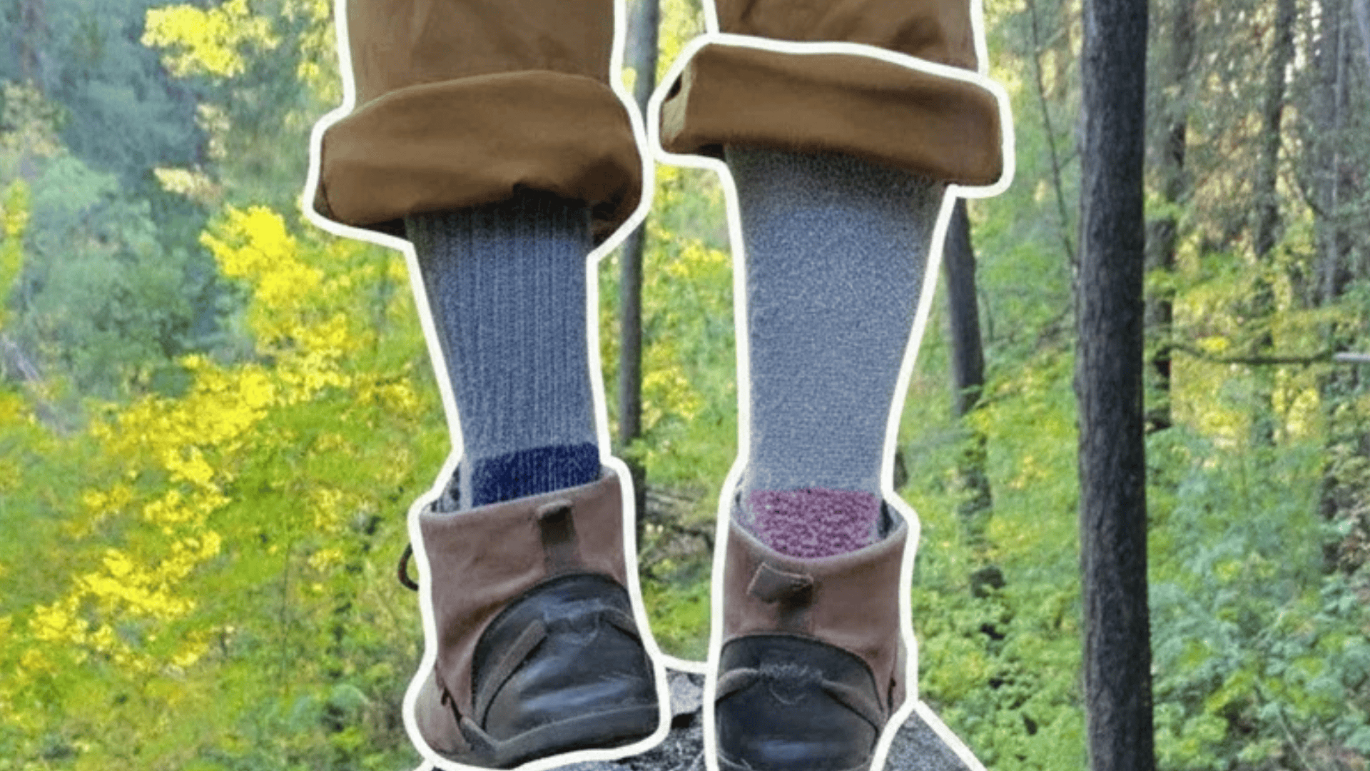 person standing on large rock in forest wearing rolled pants and mismatched socks with casual shoes surrounded by trees