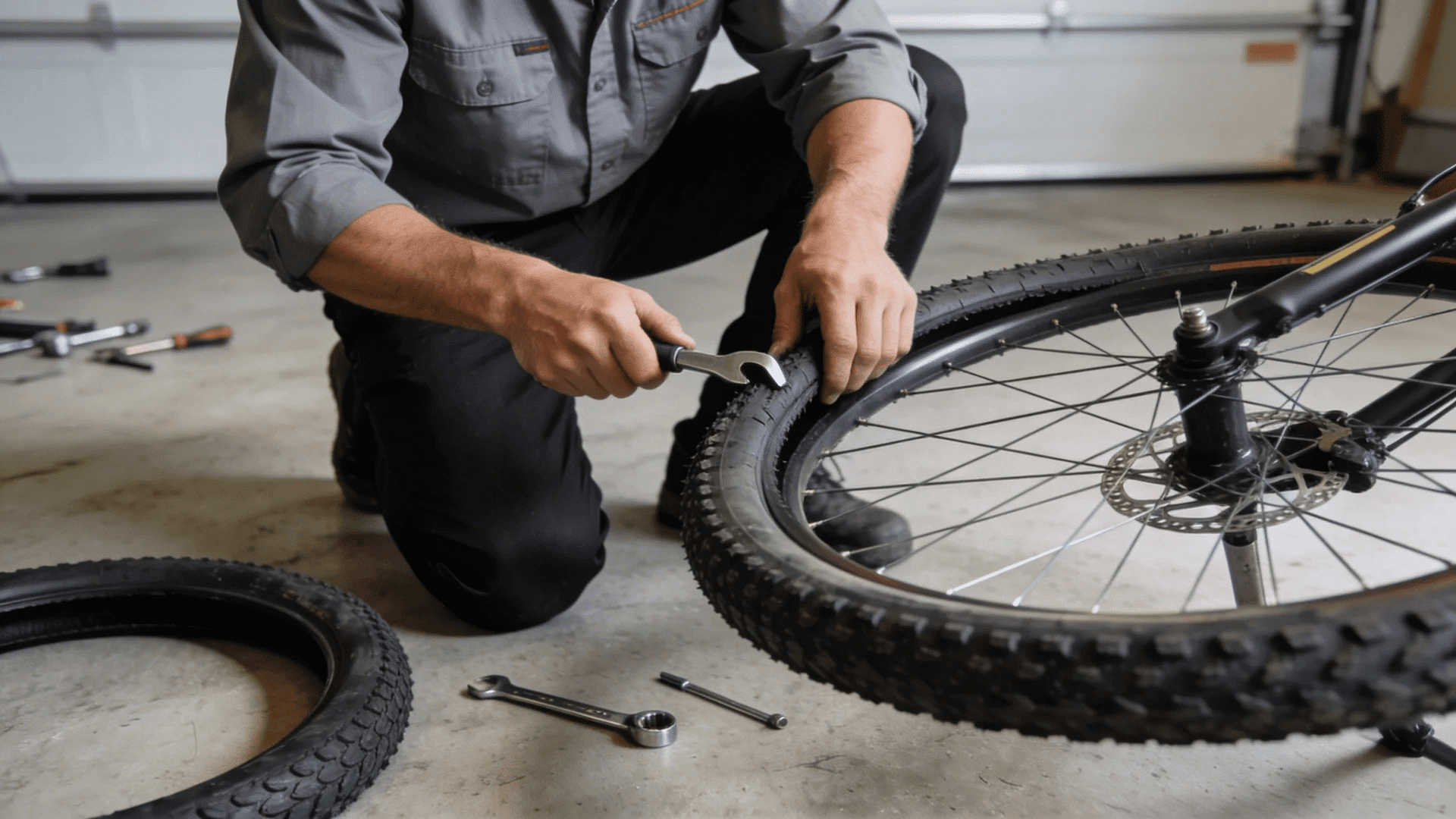 person using wrench to remove bike tire from wheel on floor demonstrating how to change bike tire with tools nearby