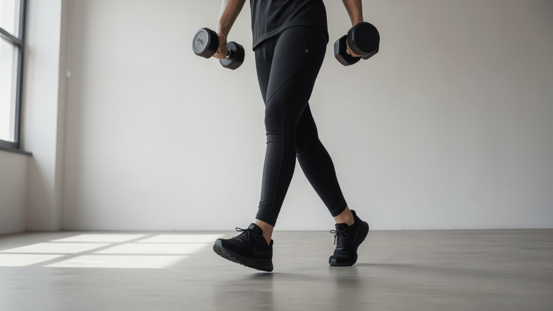 person walking on toes while holding dumbbells and changing direction during loaded toe walk exercise