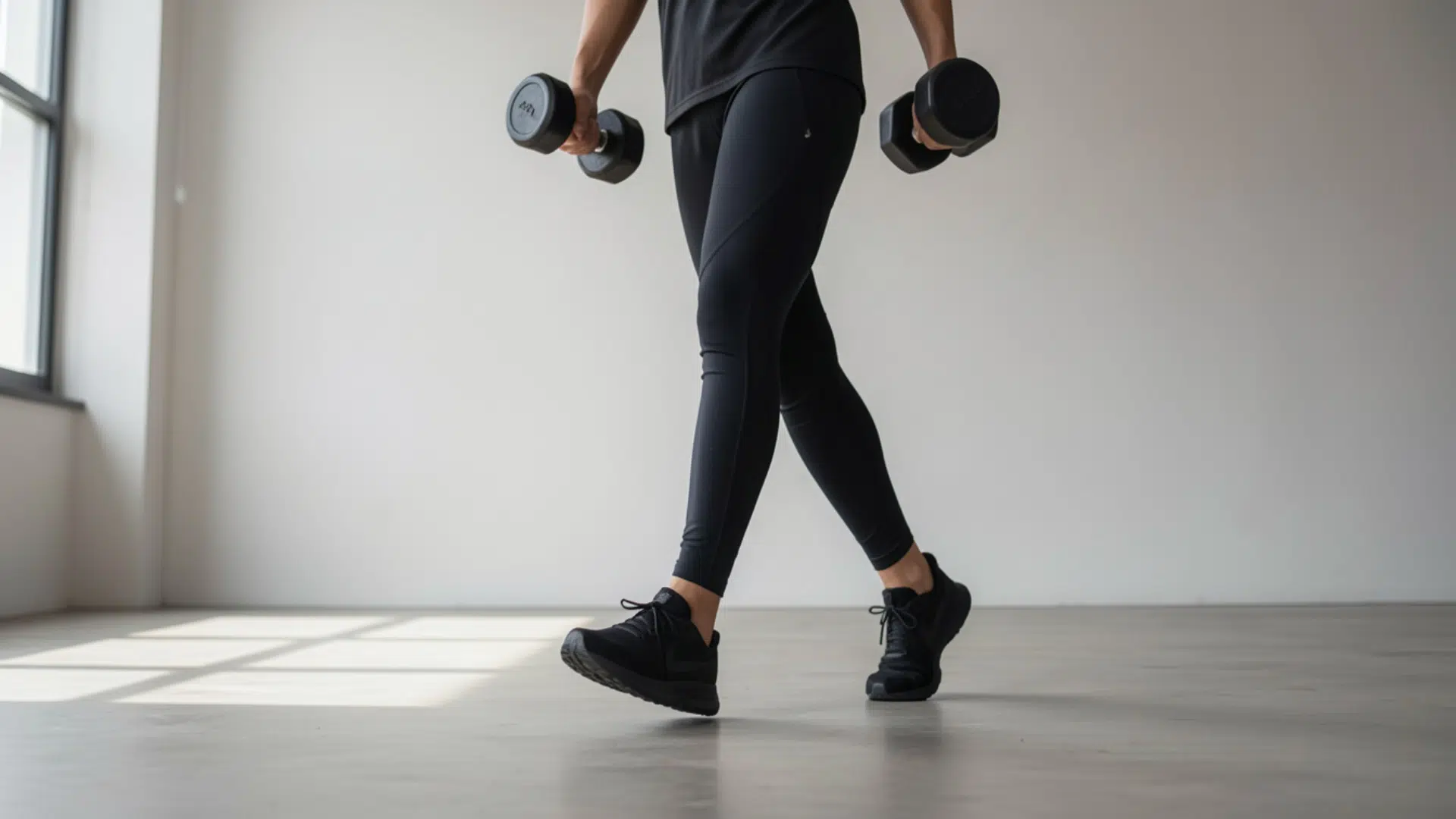 person walking on toes while holding dumbbells and changing direction during loaded toe walk exercise