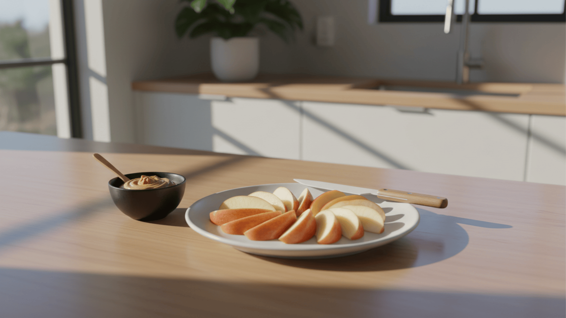 plate of sliced apples with small bowl of peanut butter and knife on wooden table in bright kitchen light
