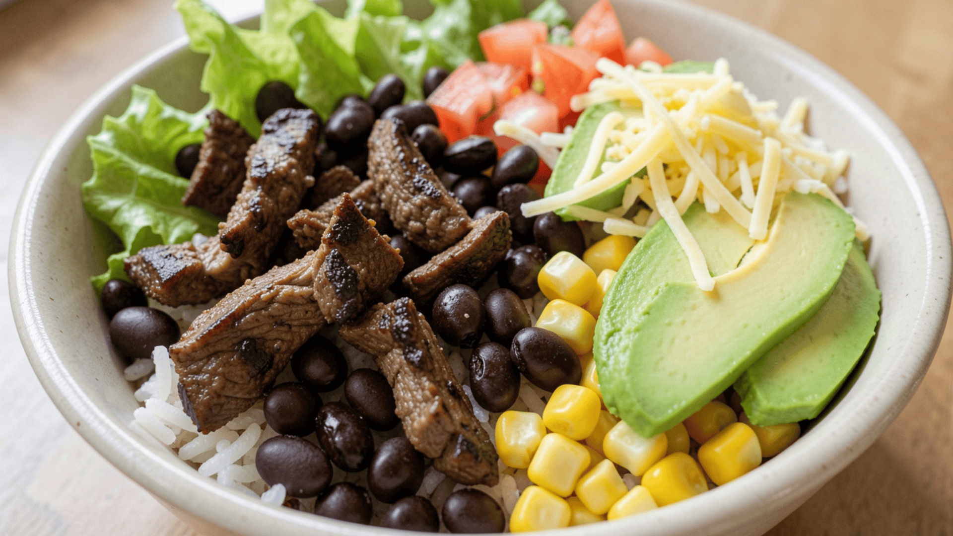 post workout meal bowl with grilled steak black beans rice avocado corn and vegetables