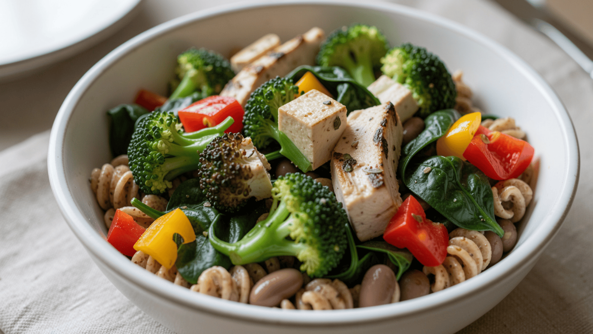 post workout meal bowl with tofu broccoli pasta beans spinach and colorful peppers