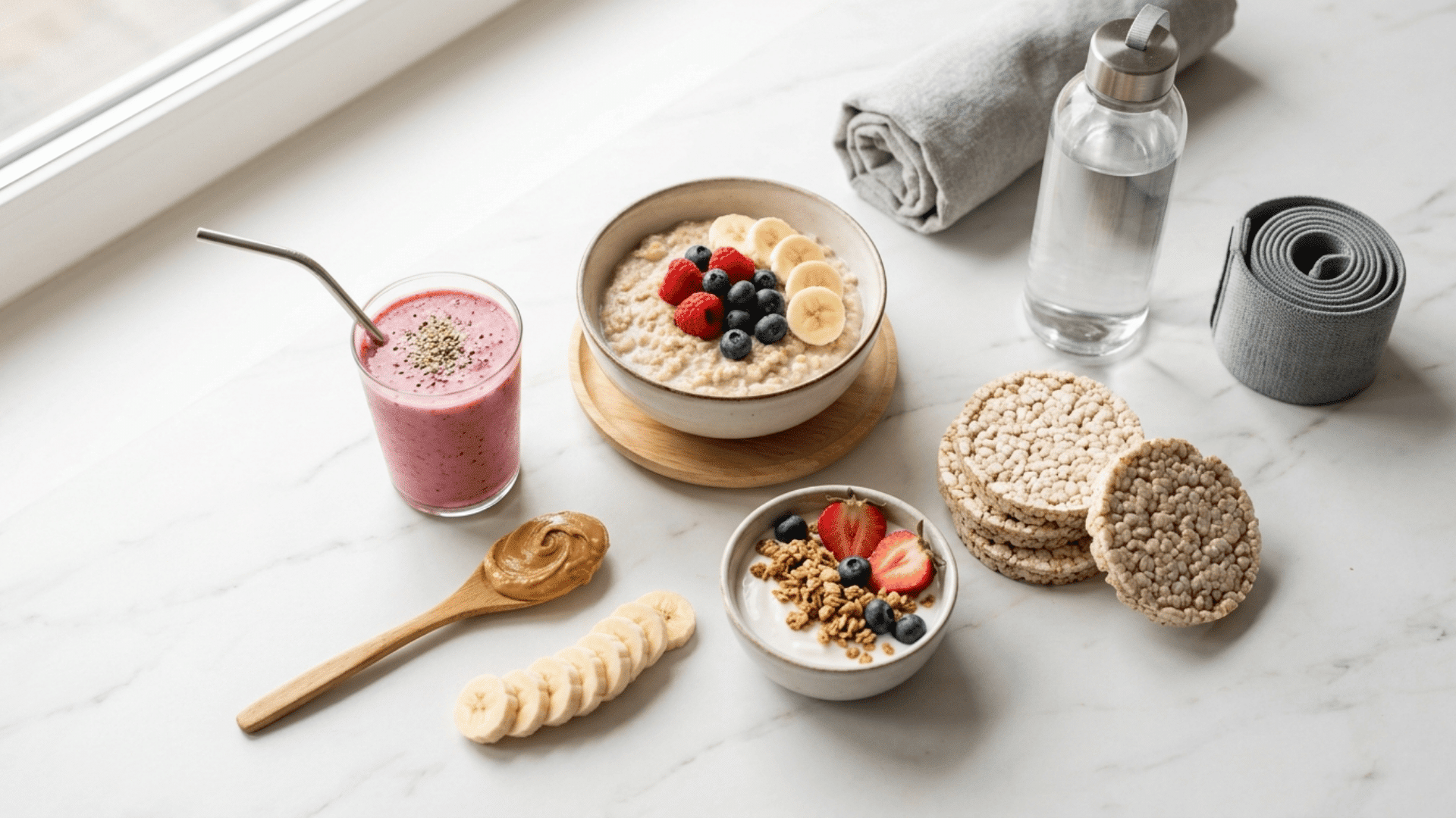 pre workout snack setup with smoothie oatmeal yogurt rice cakes peanut butter banana slices and water bottle on table