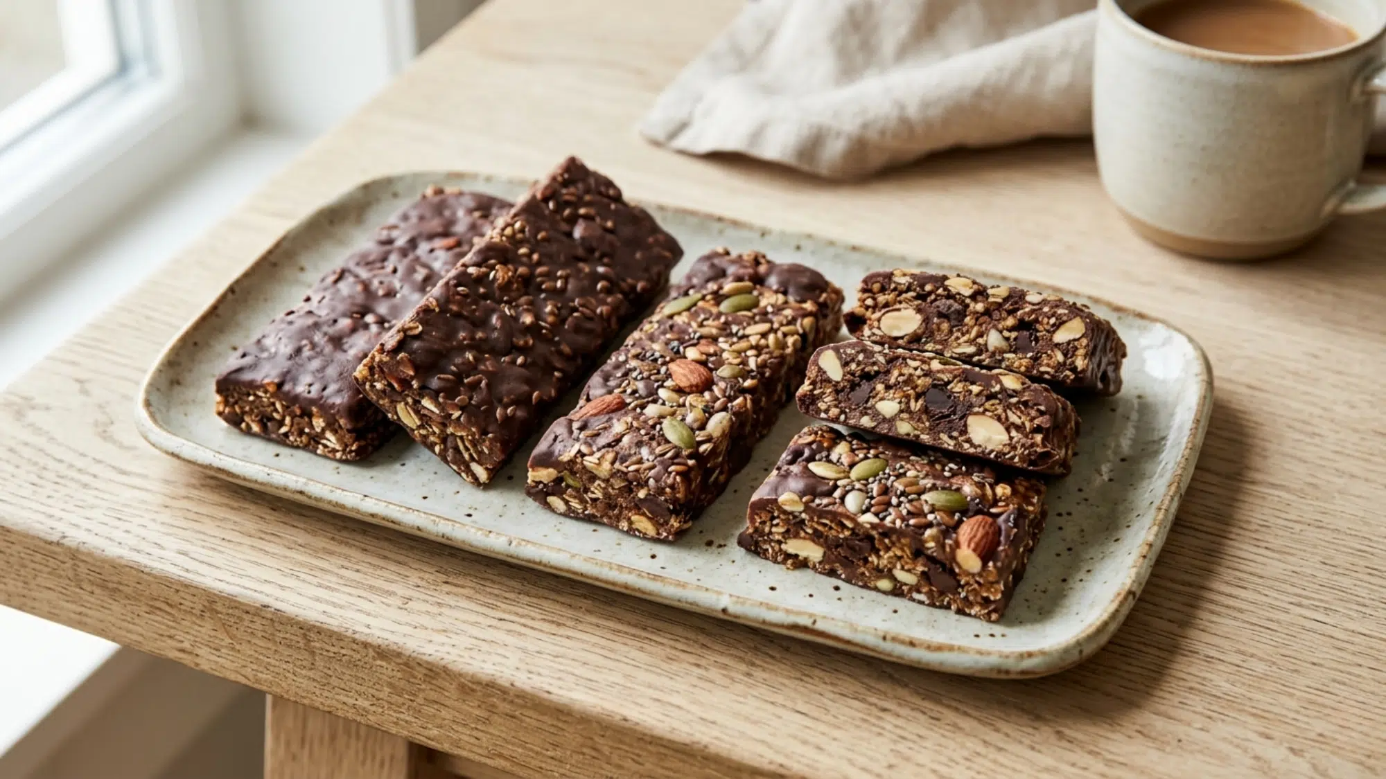 protein bars with nuts and seeds on a plate great for high protein snacks weight loss and quick energy