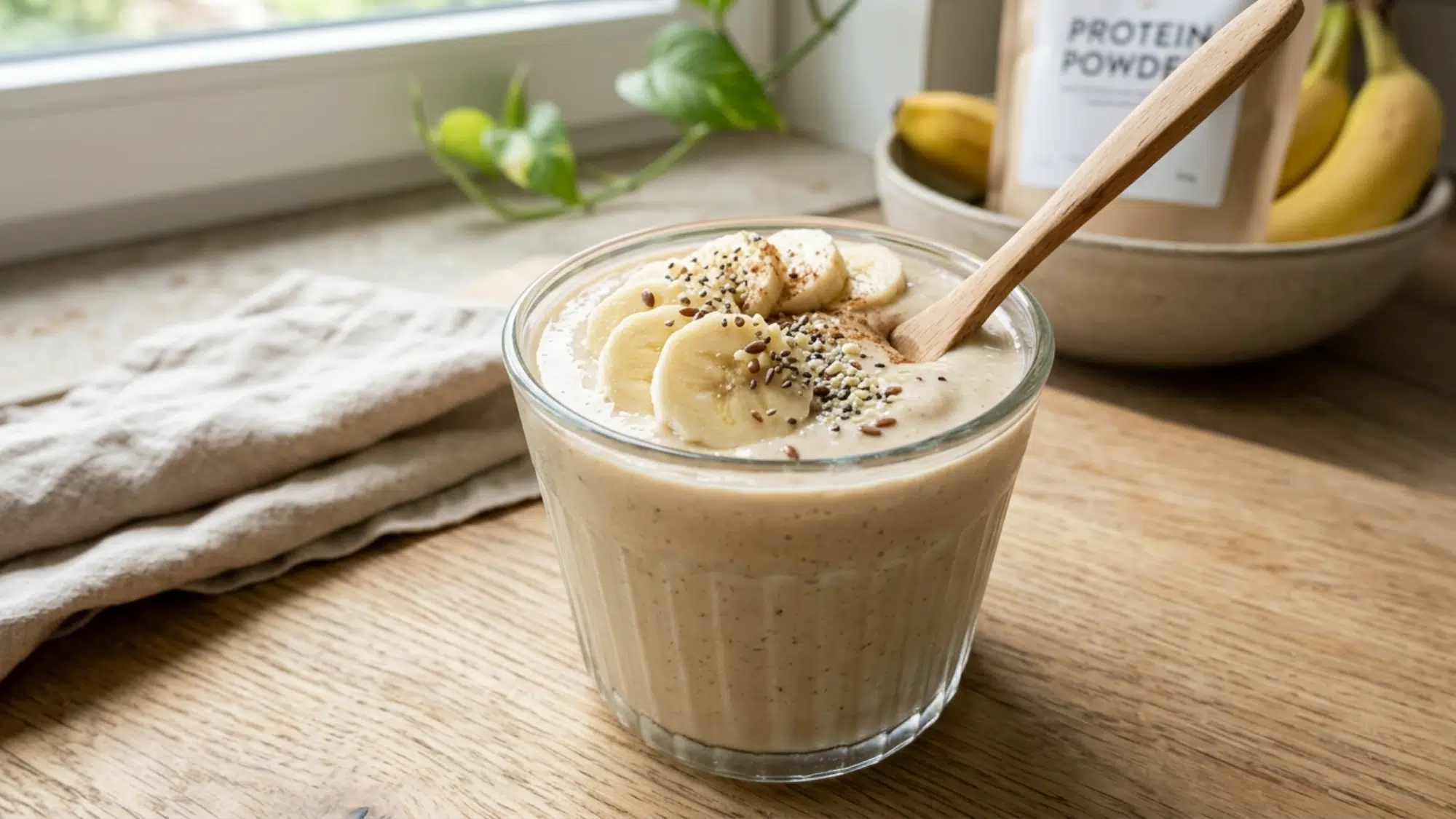 protein smoothie with banana and seeds perfect for high protein snacks weight loss and quick nutrition