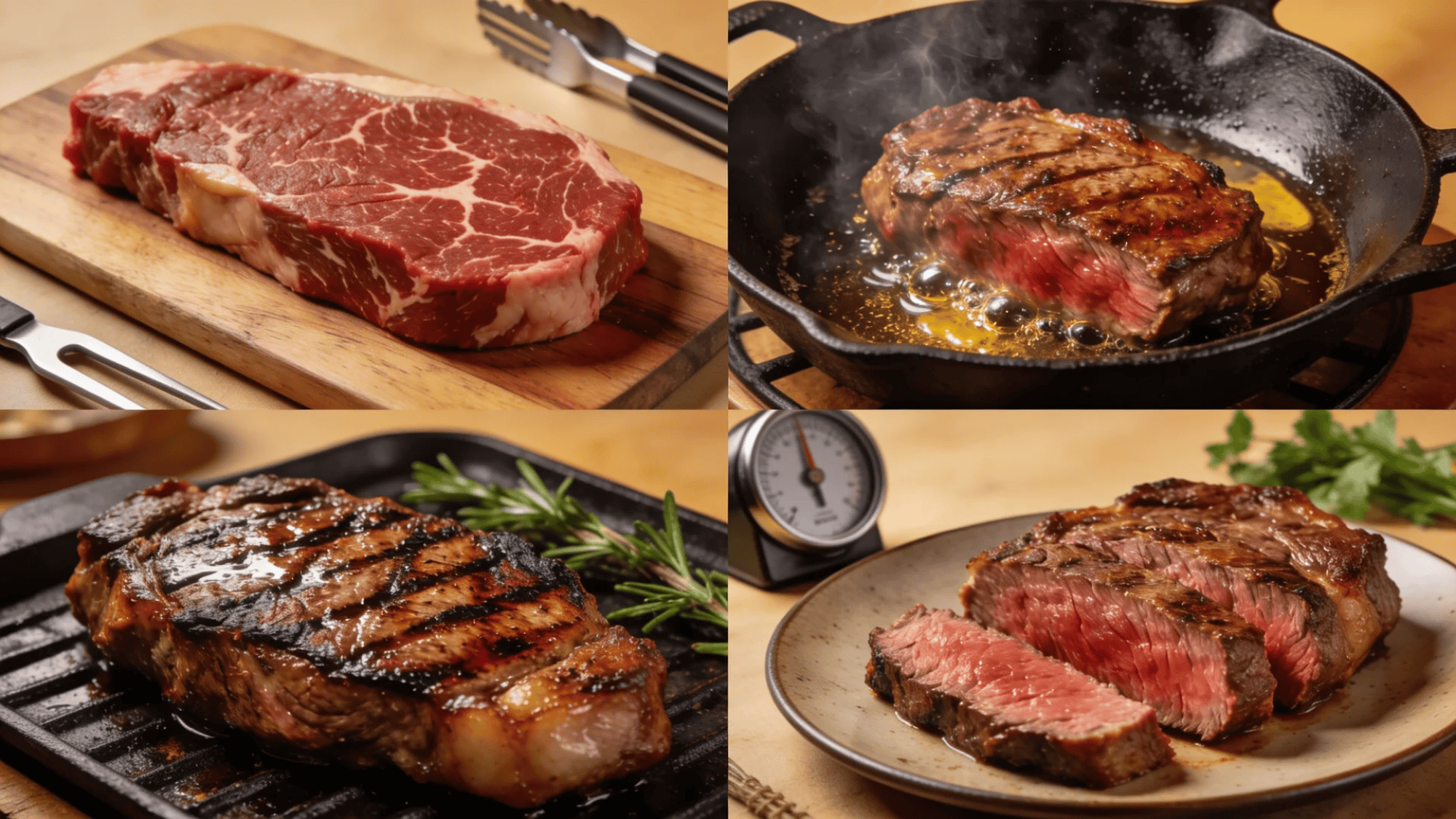 raw steak on board next to searing steak in pan grilled steak and sliced steak plated with thermometer