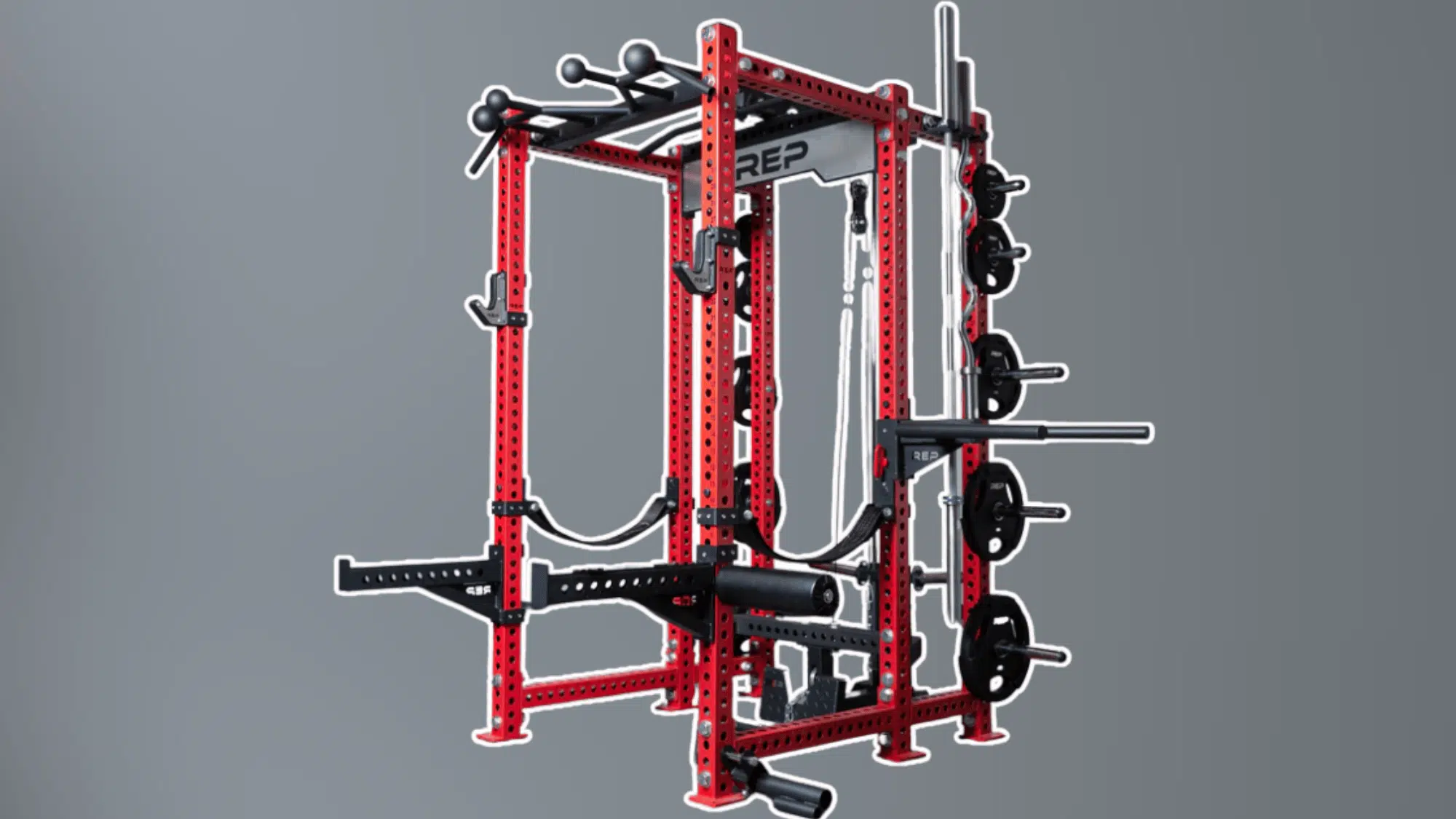 red multi function power rack with attachments weight storage and cable system shown on gray background