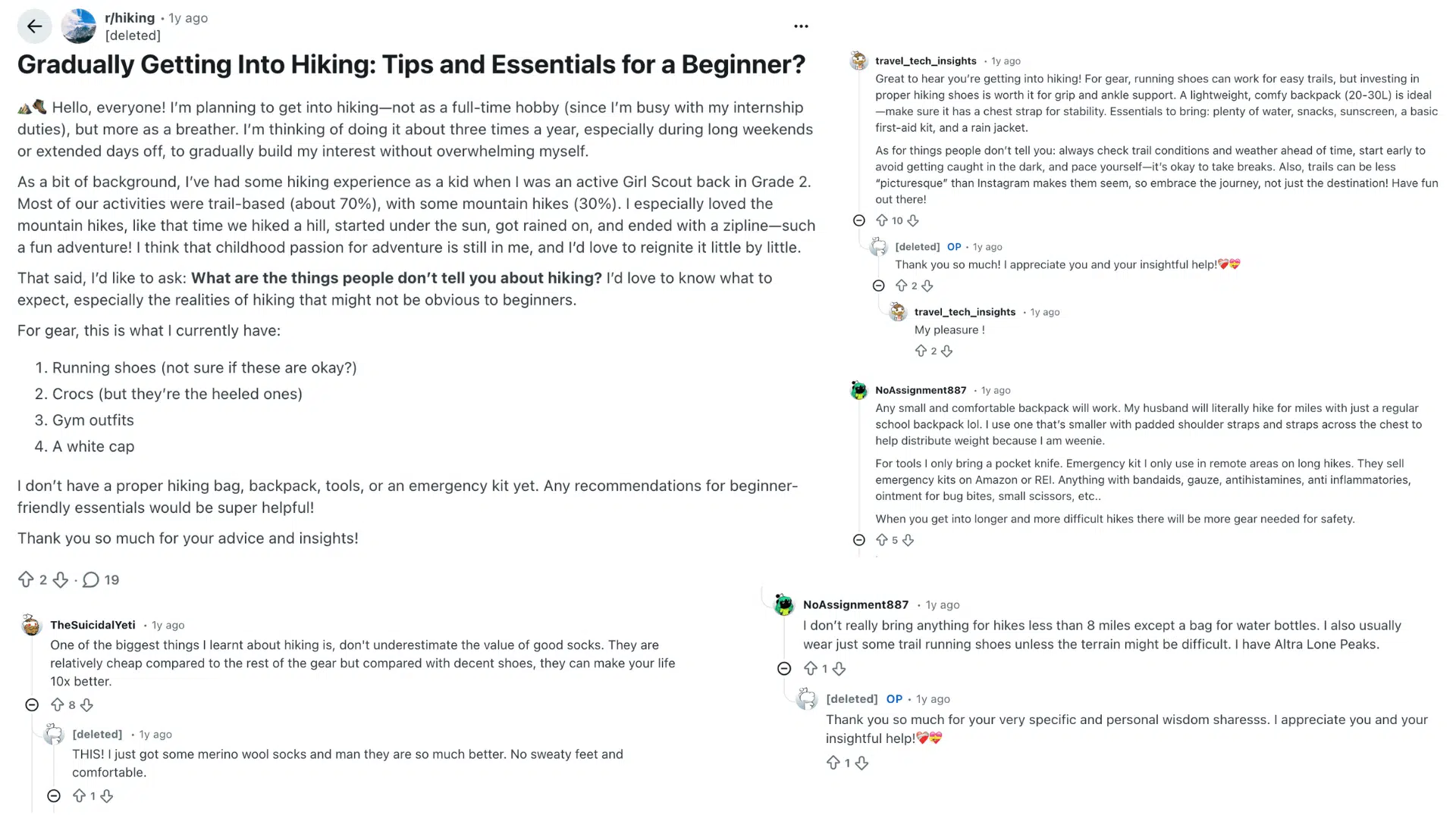 reddit discussion about beginner hiking tips gear advice and safety suggestions