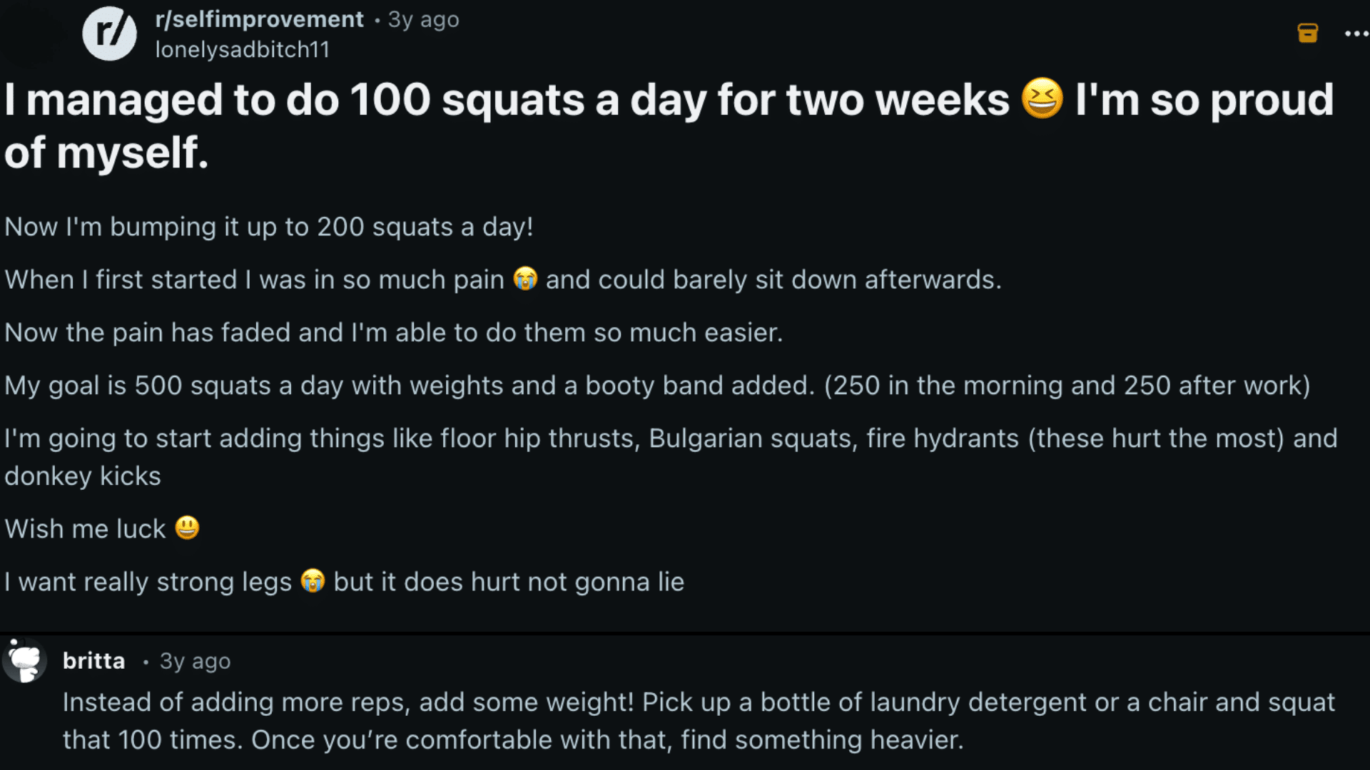 reddit post about person proud of doing 100 squats daily increasing to 200 sharing pain progress and fitness goals