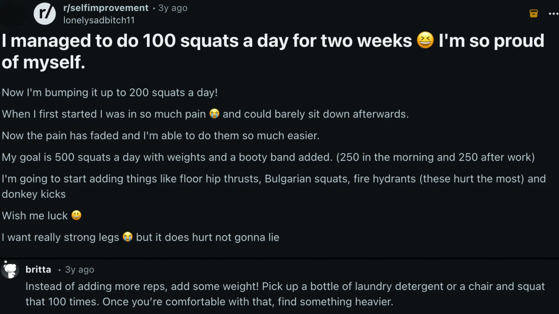 reddit post about person proud of doing 100 squats daily increasing to 200 sharing pain progress and fitness goals