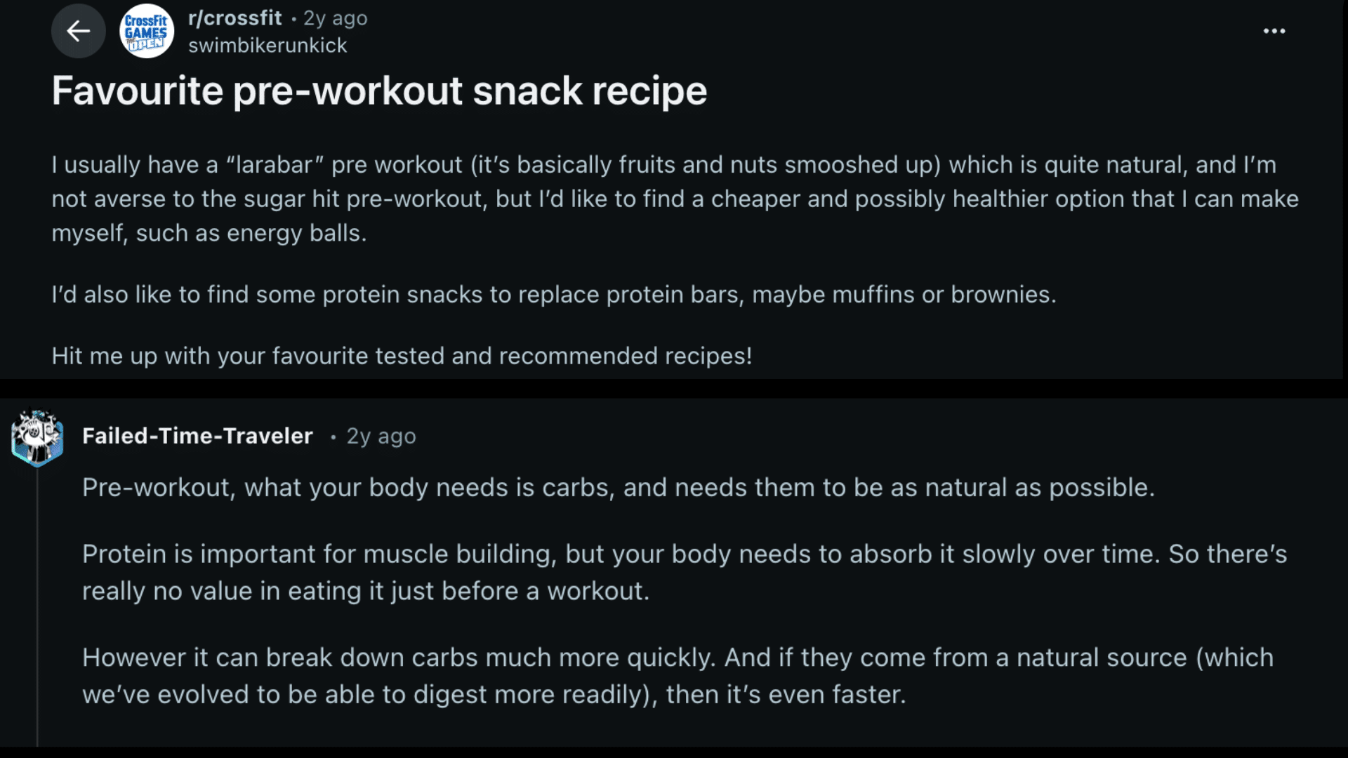 reddit post discussing favourite pre workout snack recipes with comments about carbs and protein intake