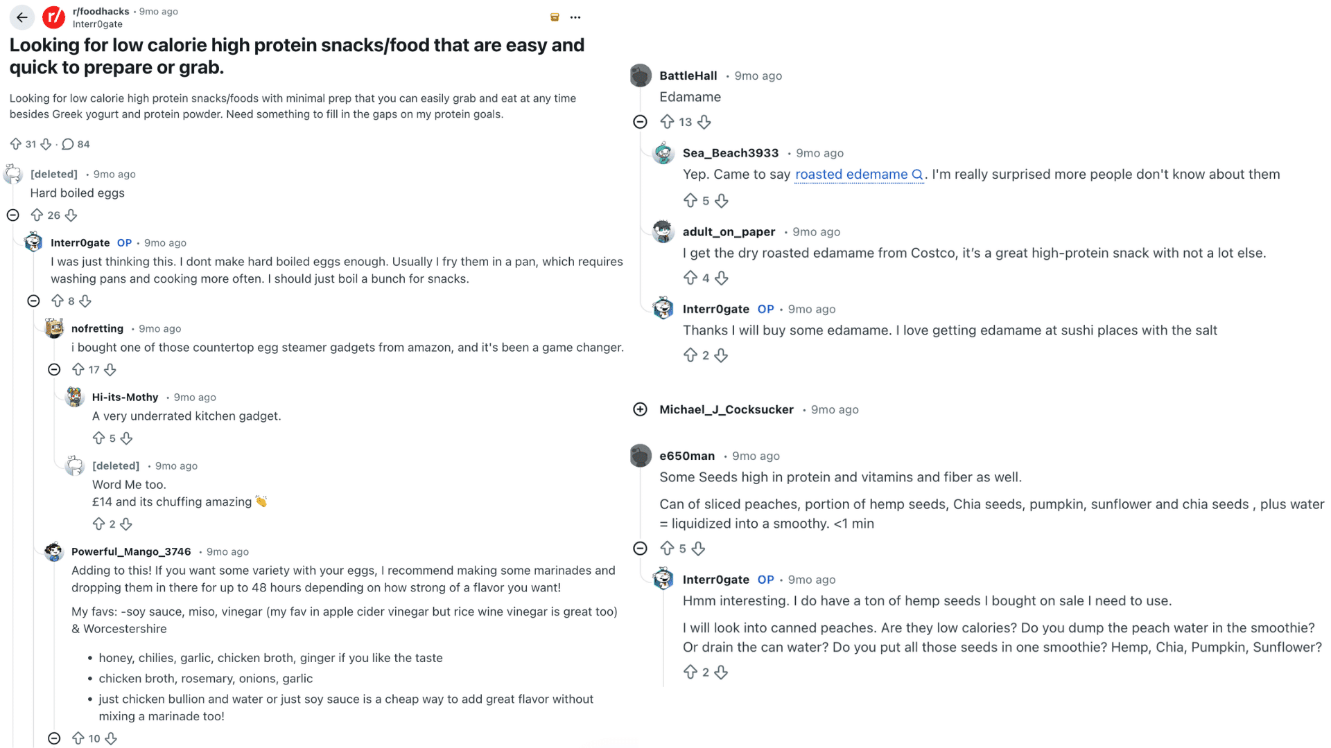 reddit thread showing low calorie high protein snack ideas like eggs edamame and seeds