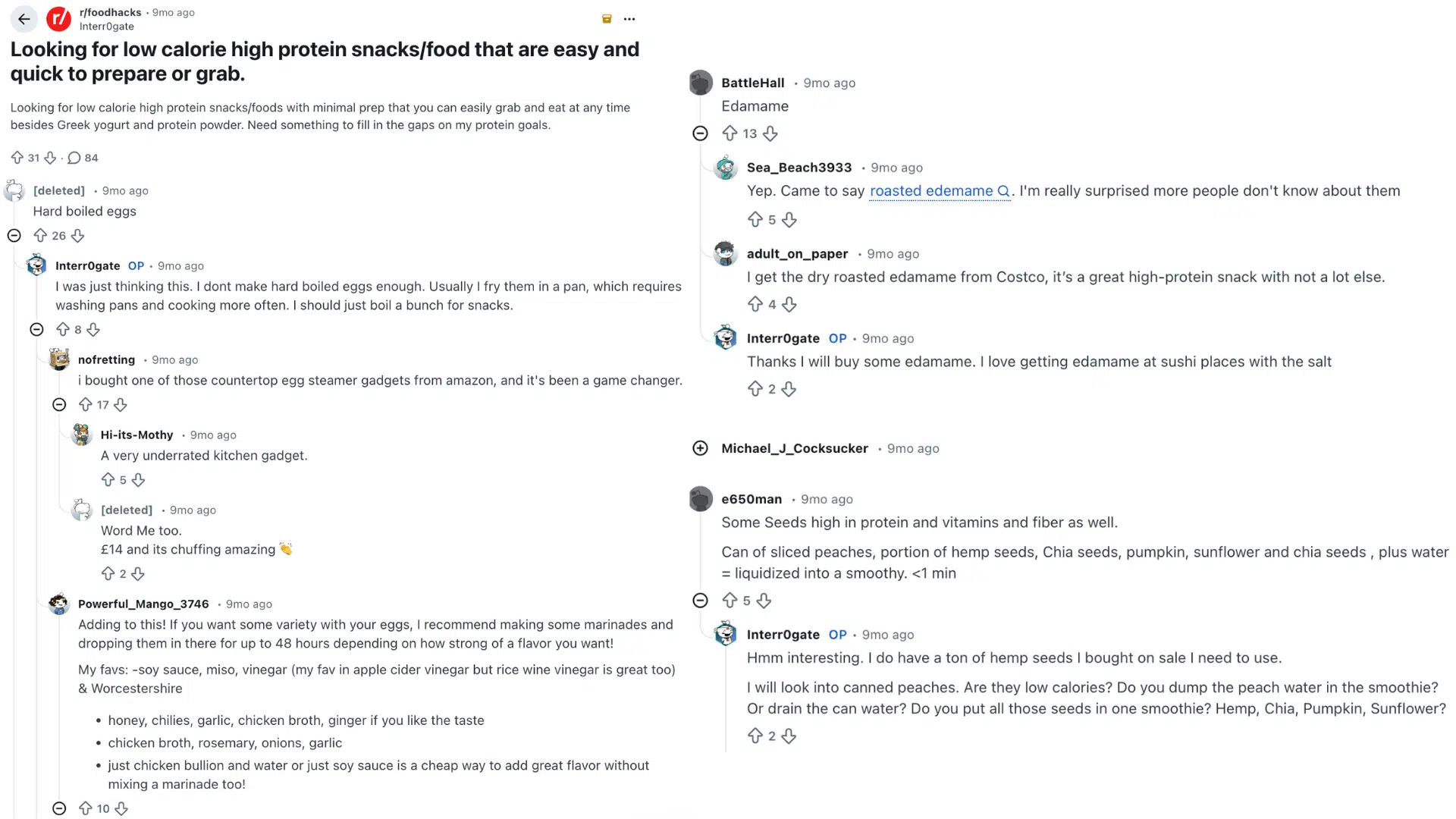 reddit thread showing low calorie high protein snack ideas like eggs edamame and seeds