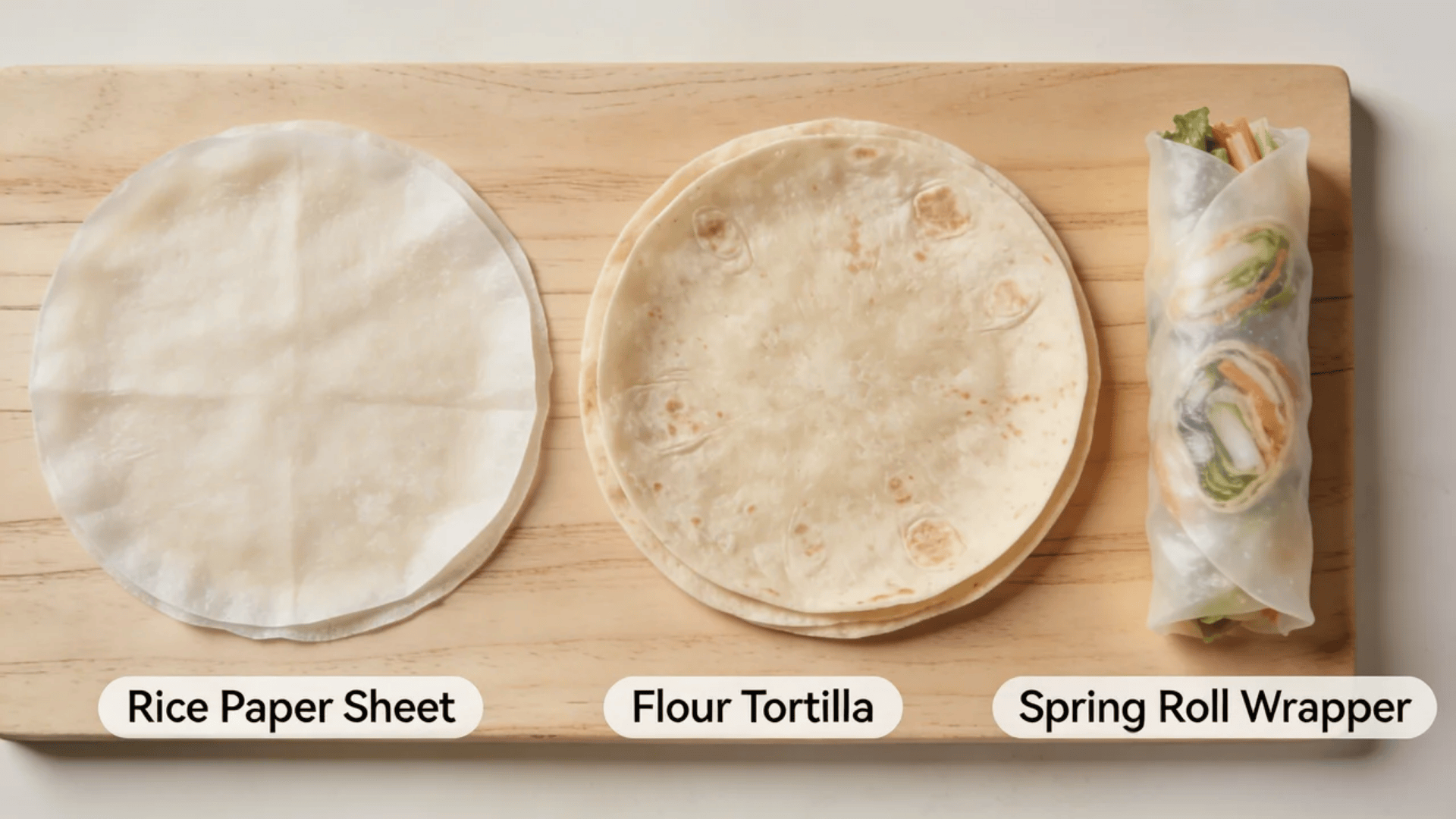 rice paper nutrition comparison of rice paper sheet flour tortilla and fresh spring roll wrapper on board
