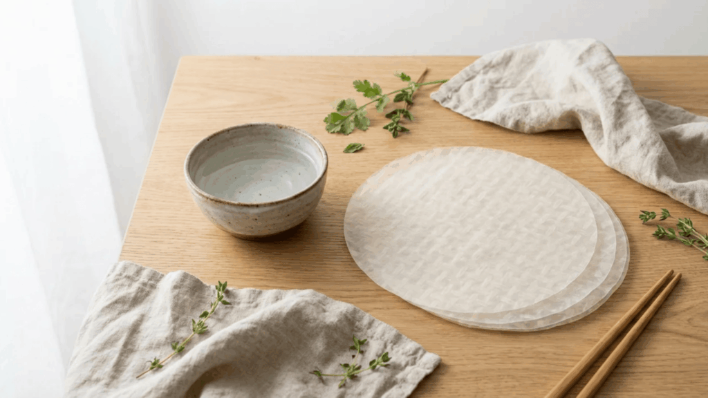 rice paper nutrition thin rice paper sheets with bowl herbs chopsticks on wooden table