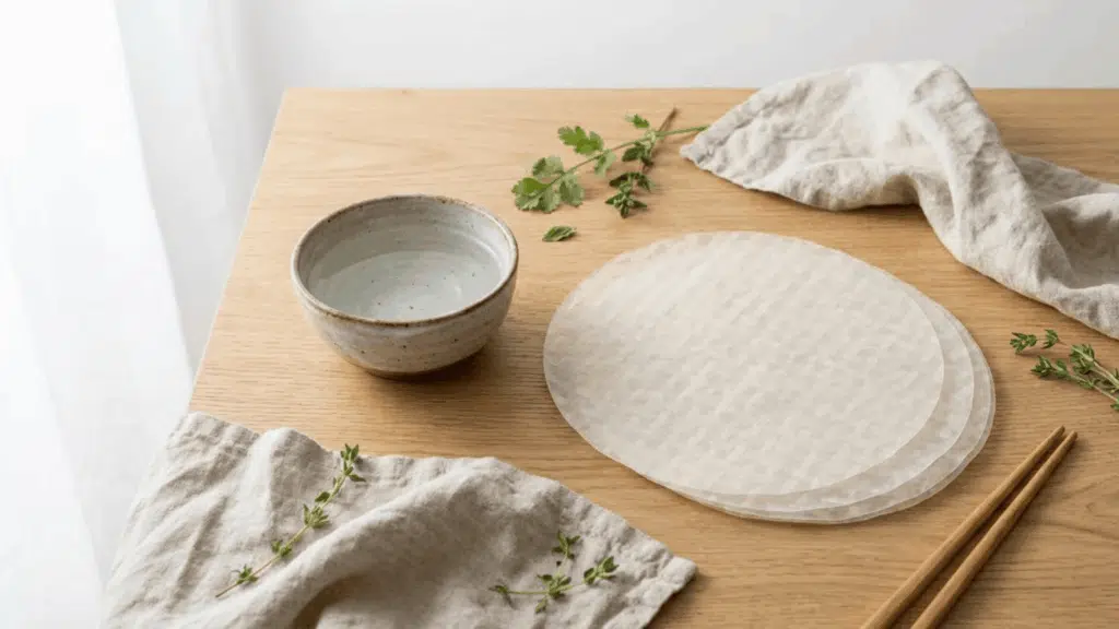 rice paper nutrition thin rice paper sheets with bowl herbs chopsticks on wooden table